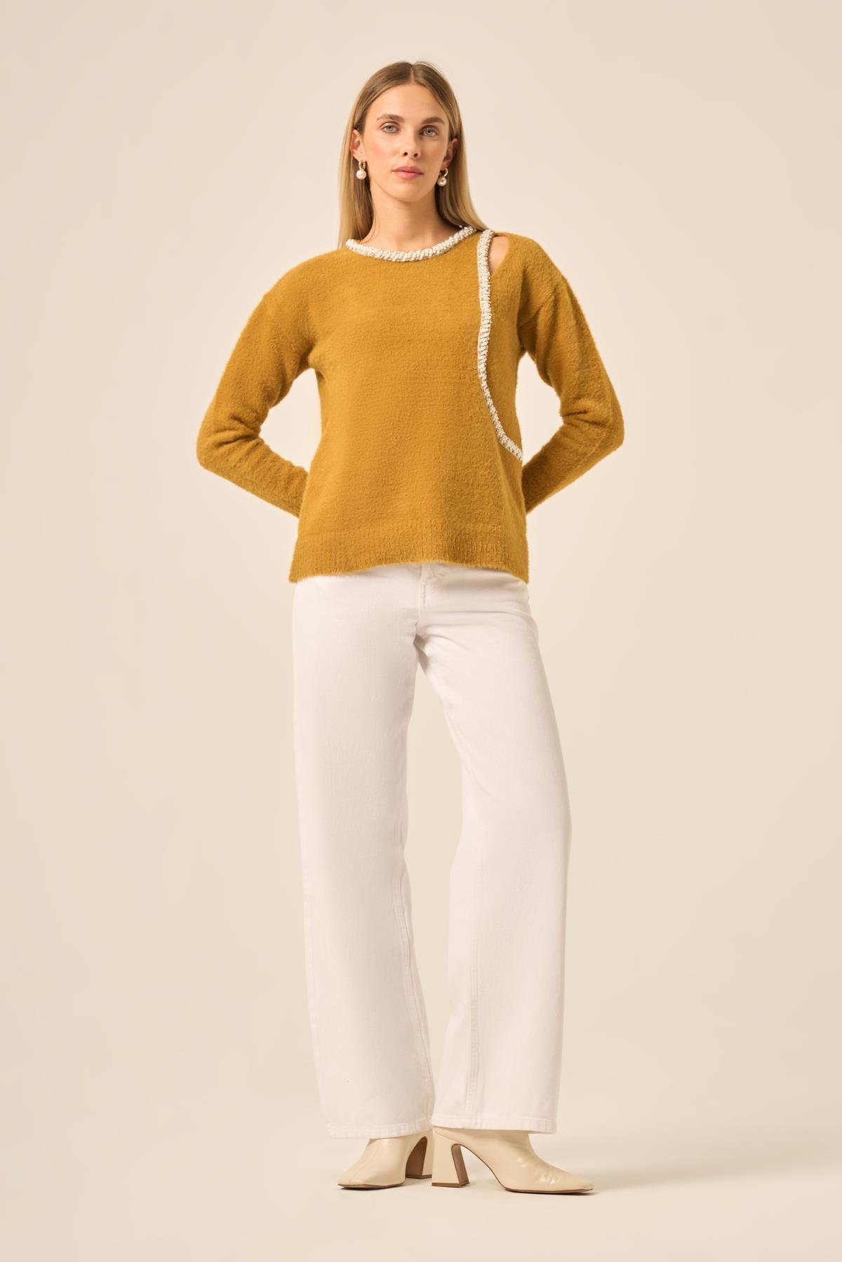 FTZ Women Kadın İnci Detay Kazak  Hardal 25061