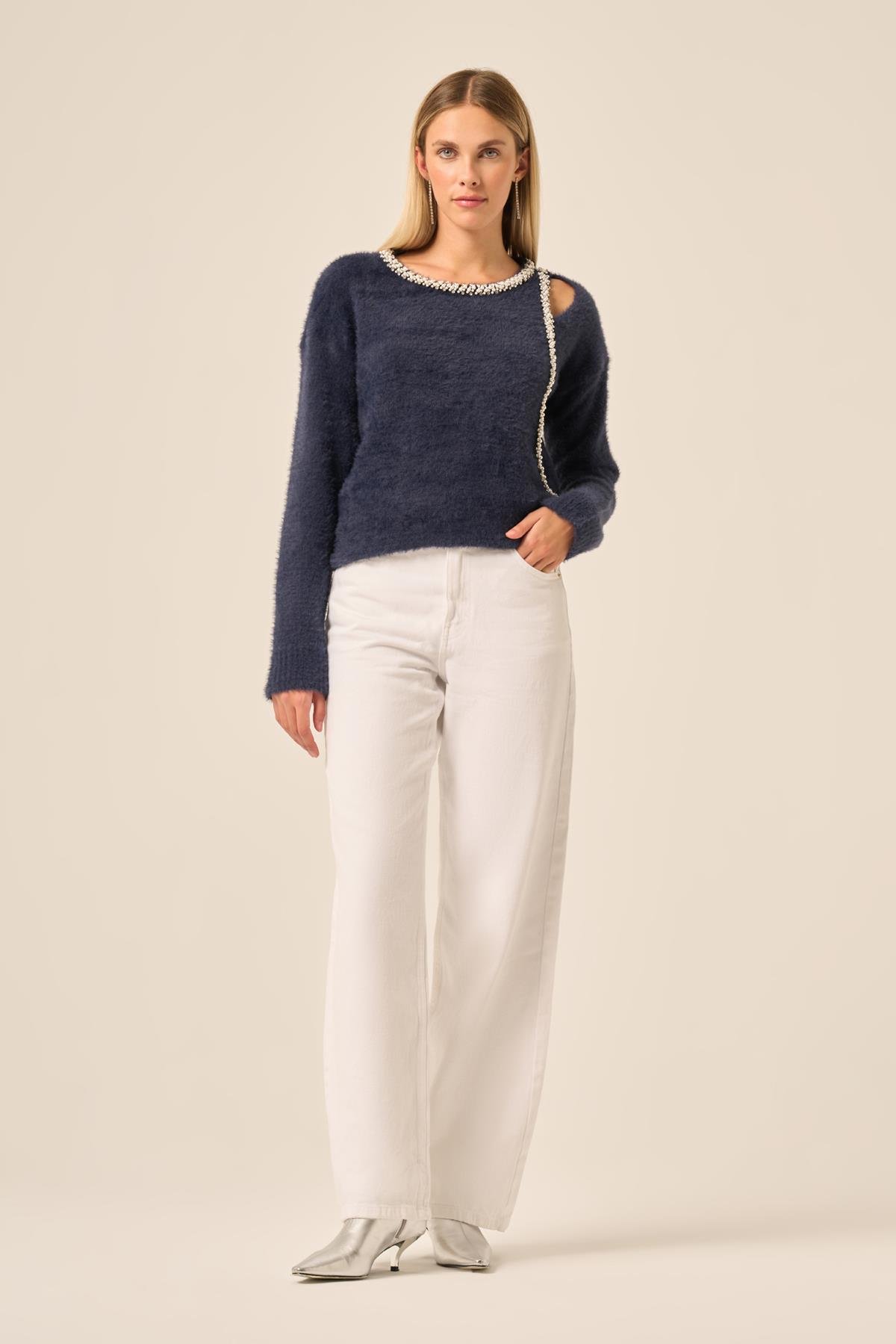 FTZ Women Kadın İnci Detay Kazak  Lacivert 25061