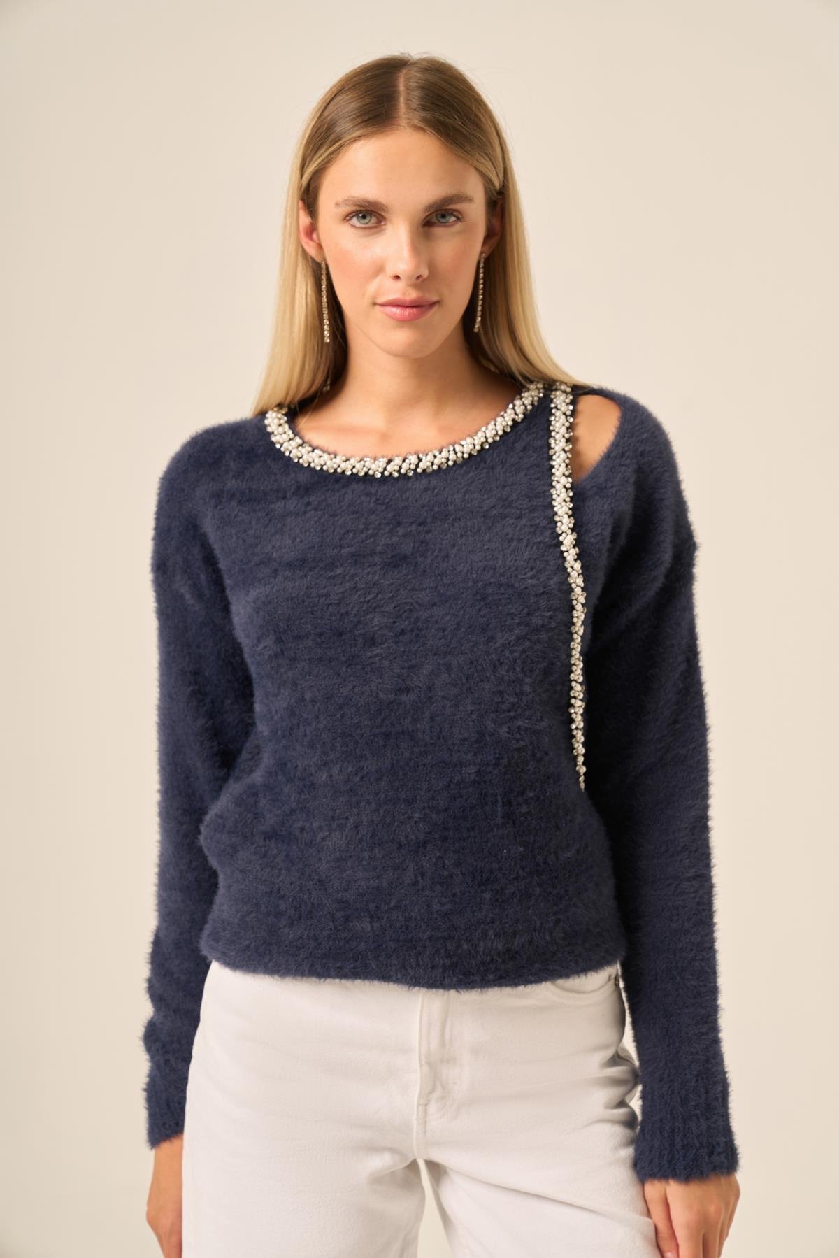 FTZ Women Kadın İnci Detay Kazak  Lacivert 25061