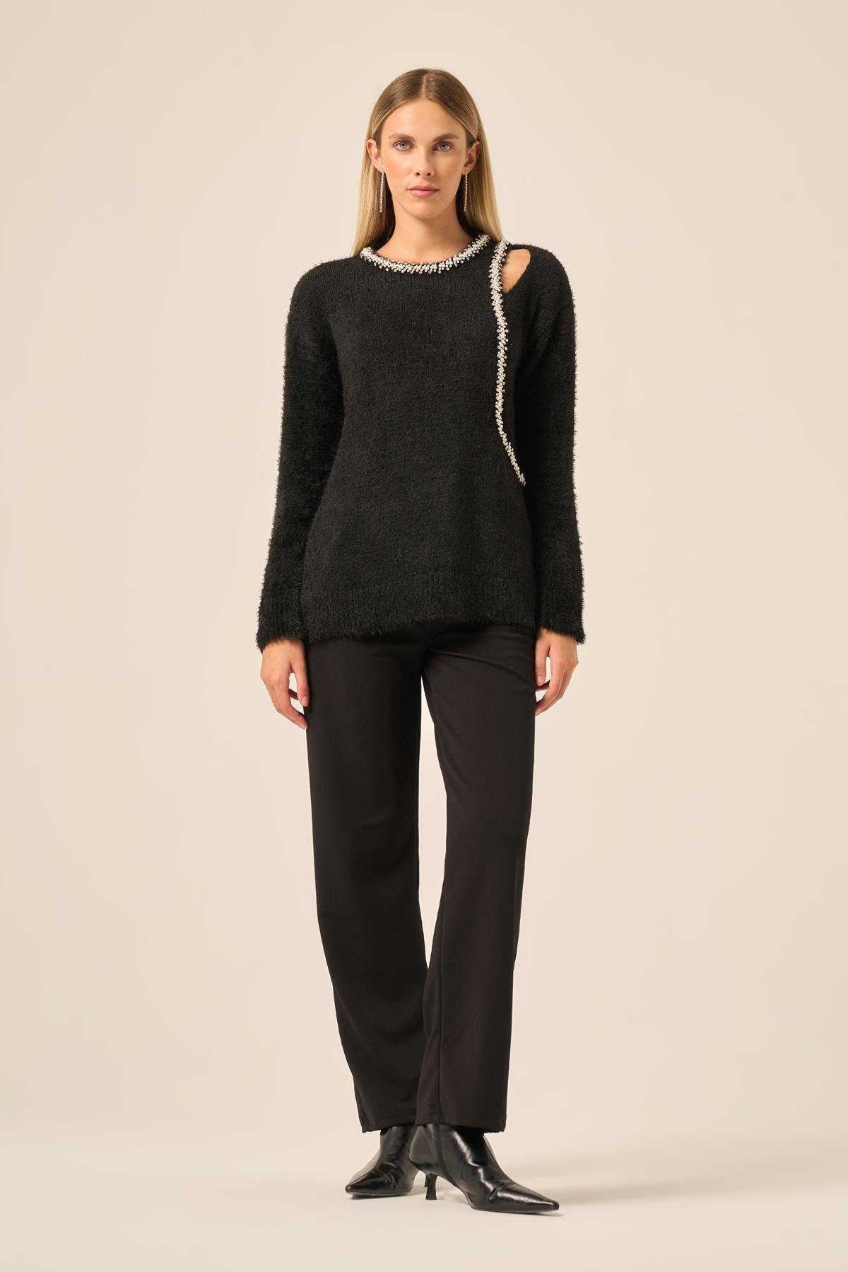FTZ Women Kadın İnci Detay Kazak  Siyah 25061