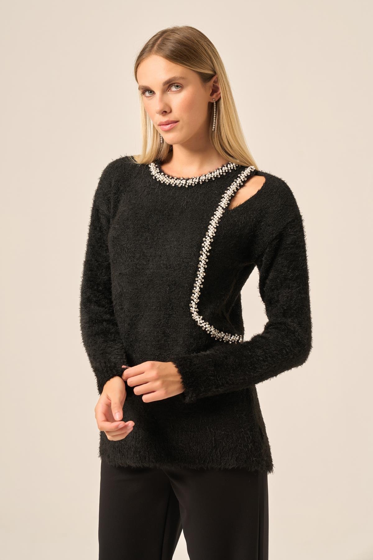 FTZ Women Kadın İnci Detay Kazak  Siyah 25061