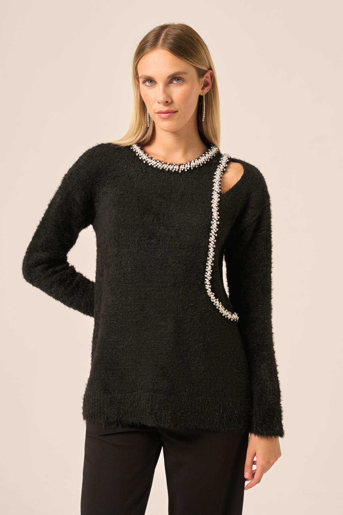 FTZ Women Kadın İnci Detay Kazak  Siyah 25061