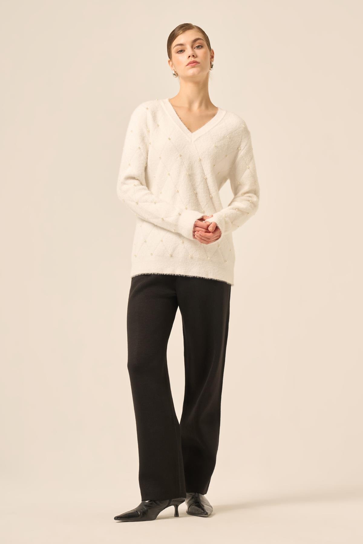 FTZ Women Kadın İnci Detaylı Kazak  Ekru 25057