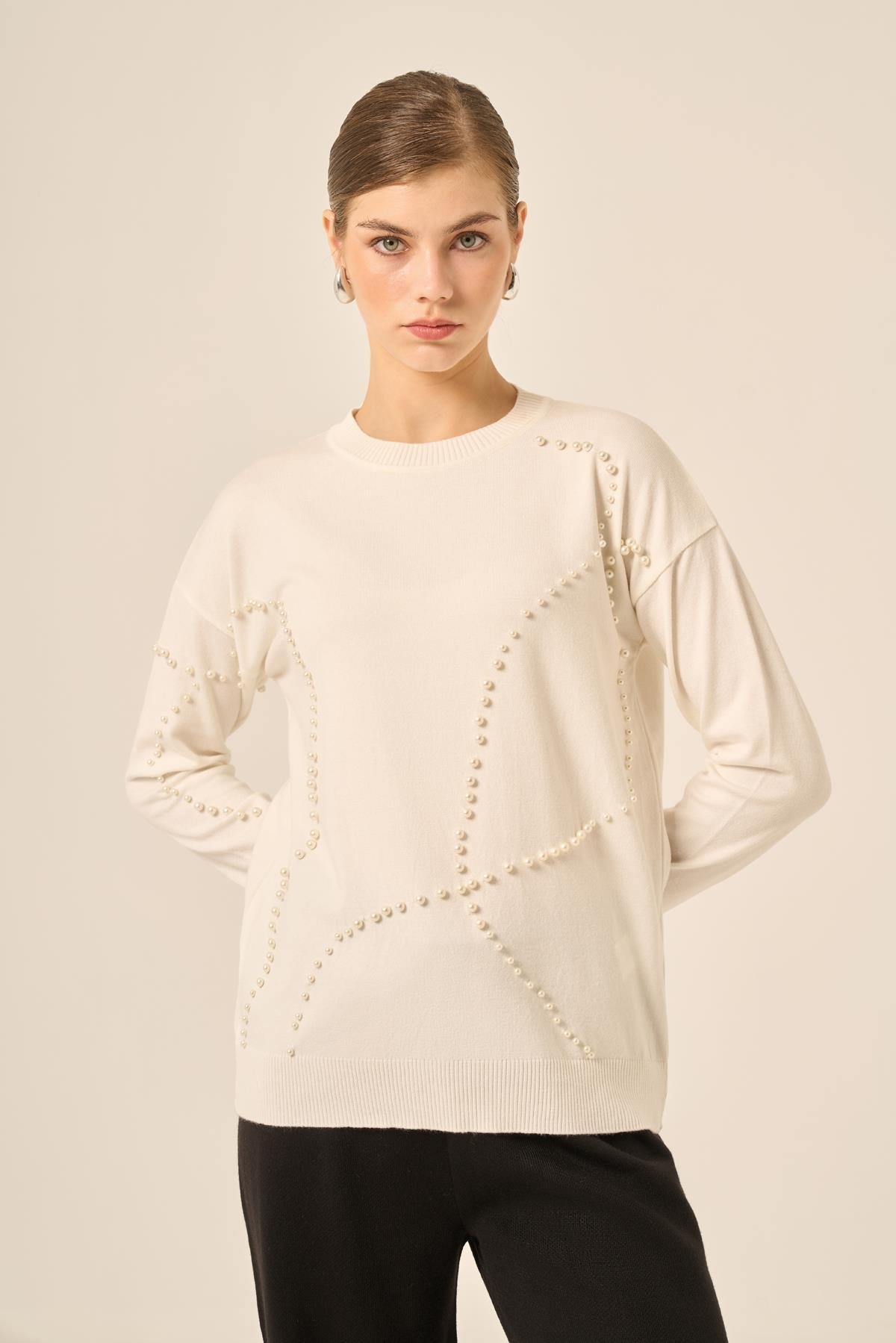 FTZ Women Kadın İnci Detaylı Kazak  Ekru 25103