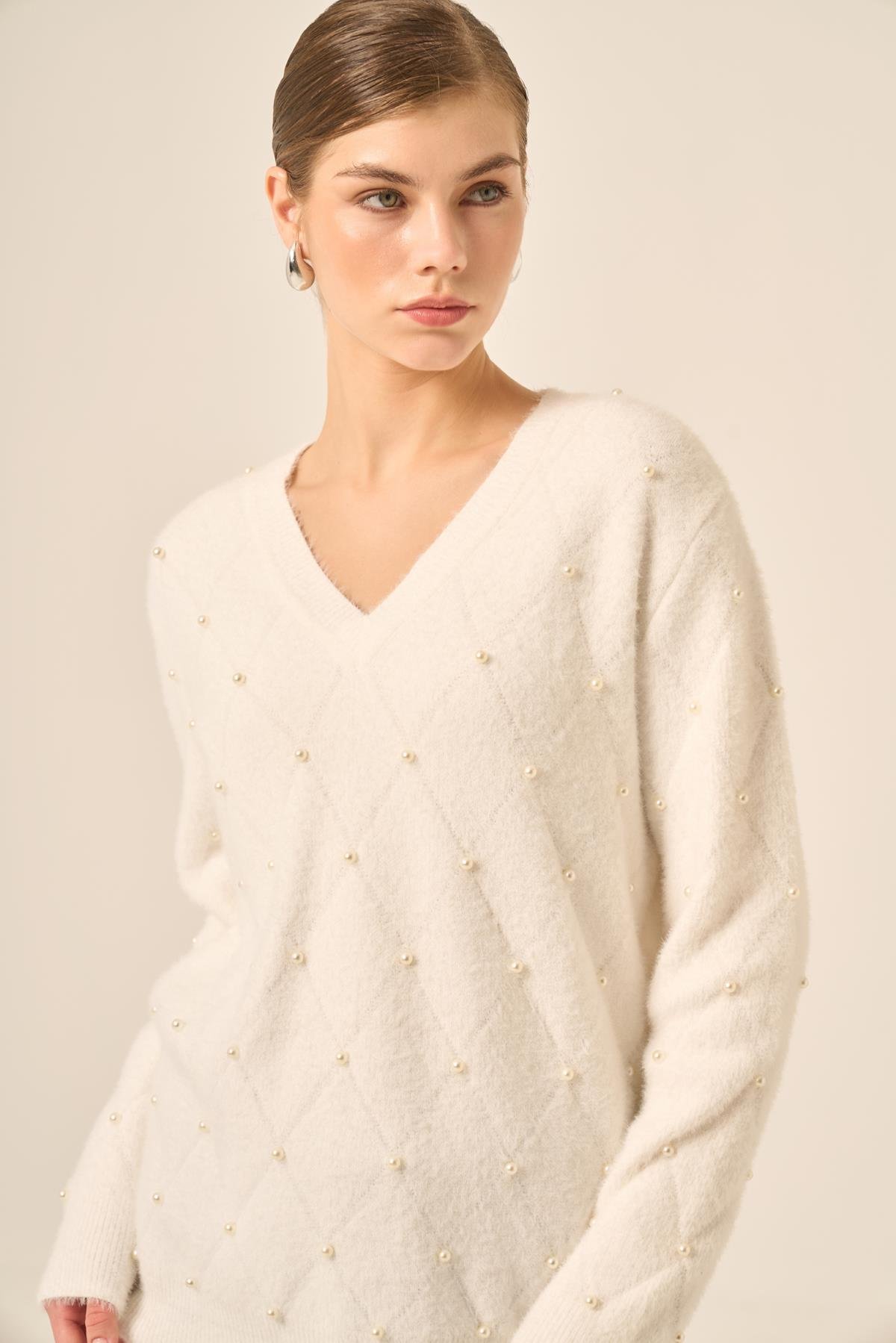 FTZ Women Kadın İnci Detaylı Kazak  Ekru 25057
