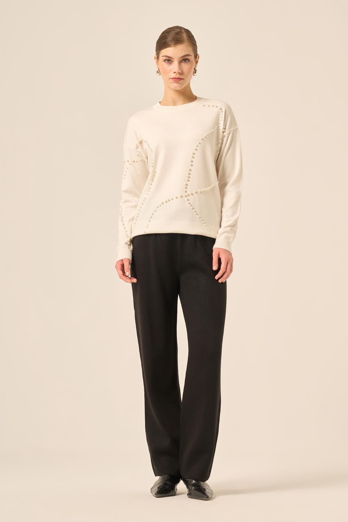 FTZ Women Kadın İnci Detaylı Kazak  Ekru 25103