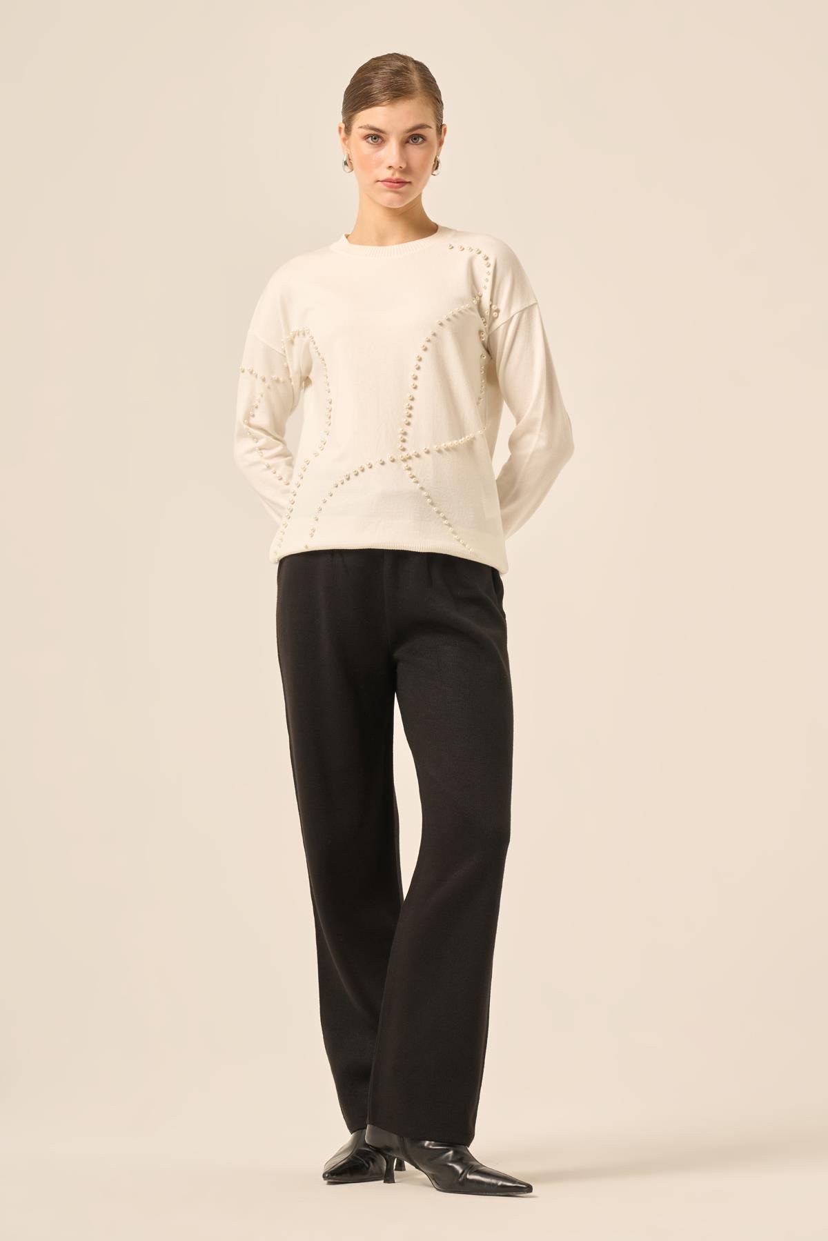 FTZ Women Kadın İnci Detaylı Kazak  Ekru 25103