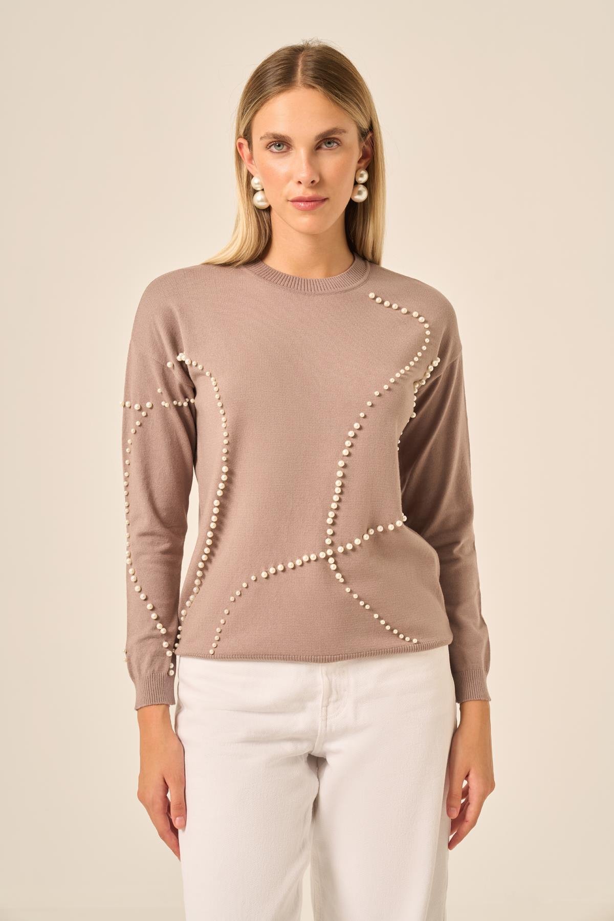 FTZ Women Kadın İnci Detaylı Kazak  Kahve 25103