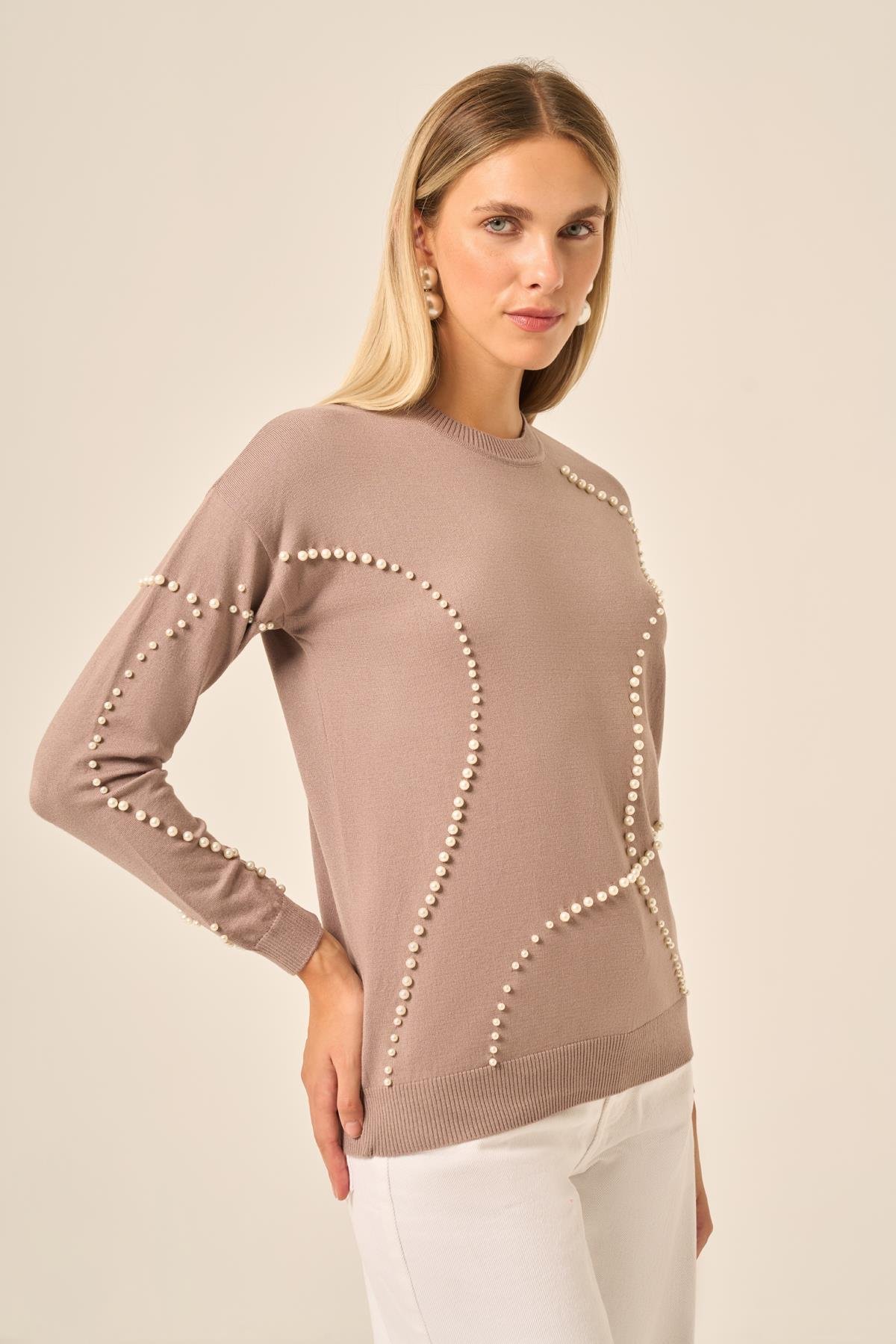 FTZ Women Kadın İnci Detaylı Kazak  Kahve 25103