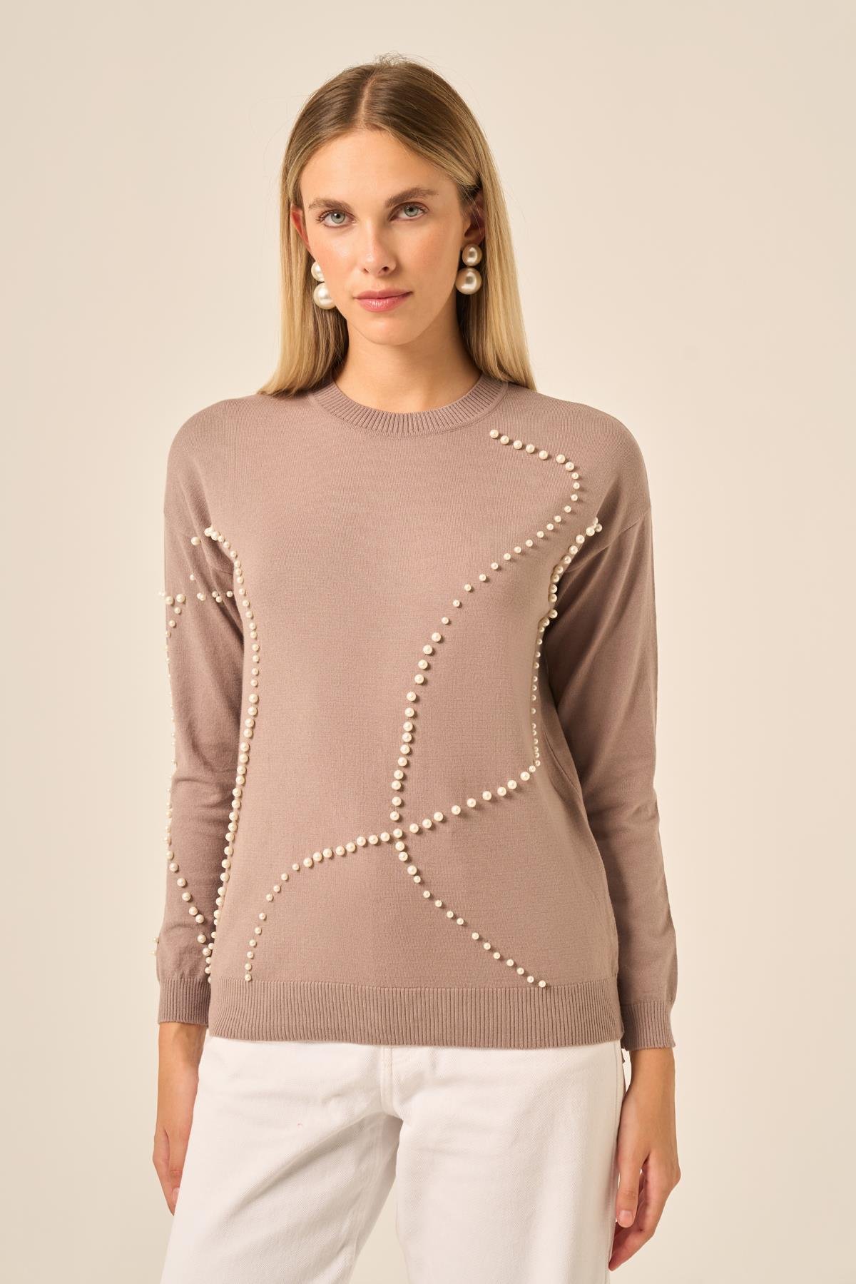 FTZ Women Kadın İnci Detaylı Kazak  Kahve 25103