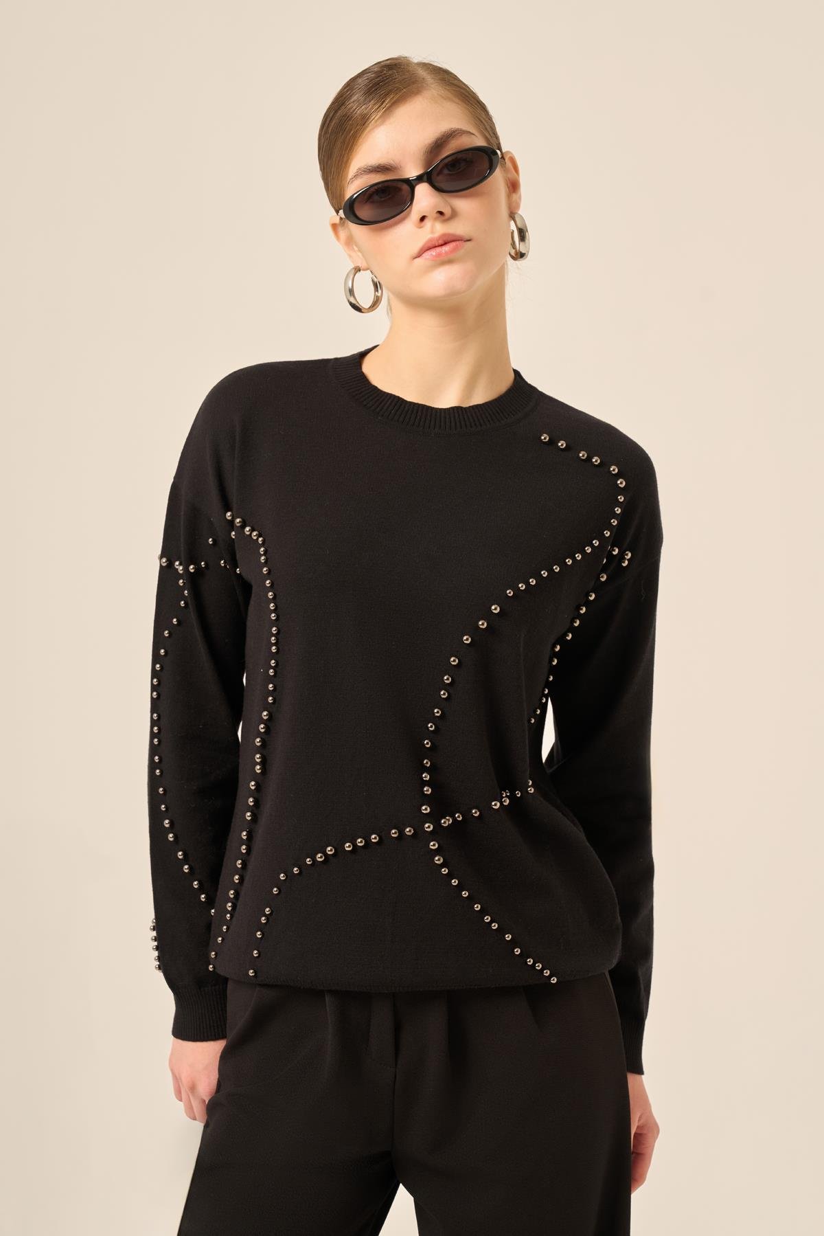 FTZ Women Kadın İnci Detaylı Kazak  Siyah 25103