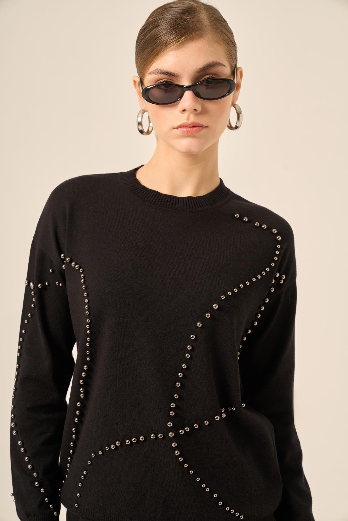 FTZ Women Kadın İnci Detaylı Kazak  Siyah 25103