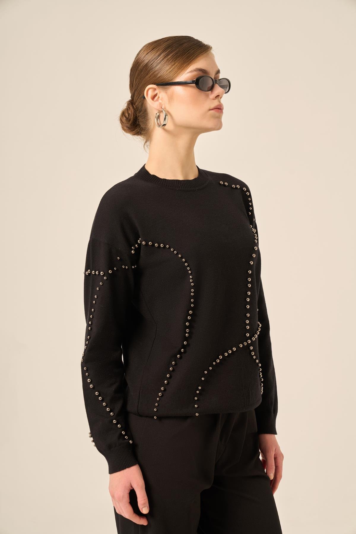 FTZ Women Kadın İnci Detaylı Kazak  Siyah 25103