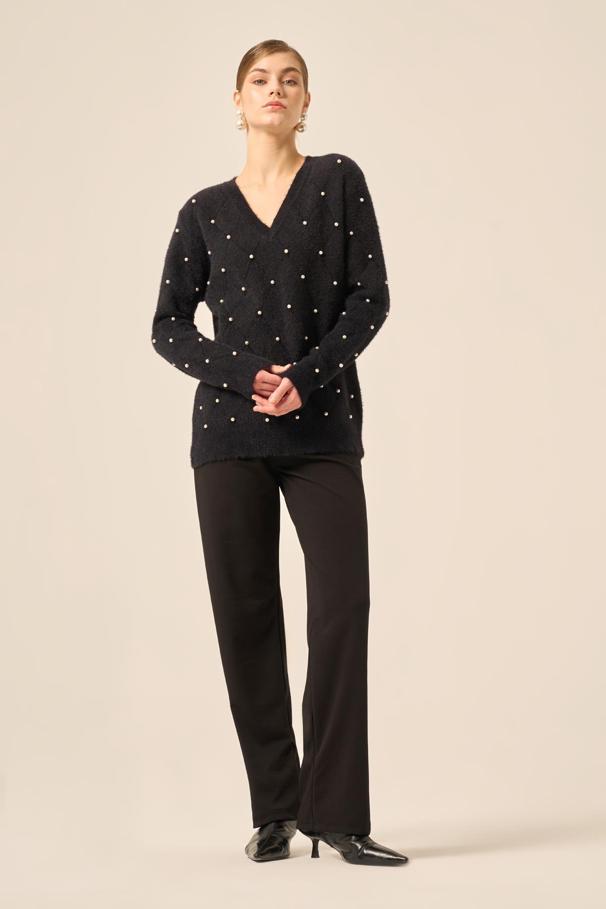 FTZ Women Kadın İnci Detaylı Kazak  Siyah 25057