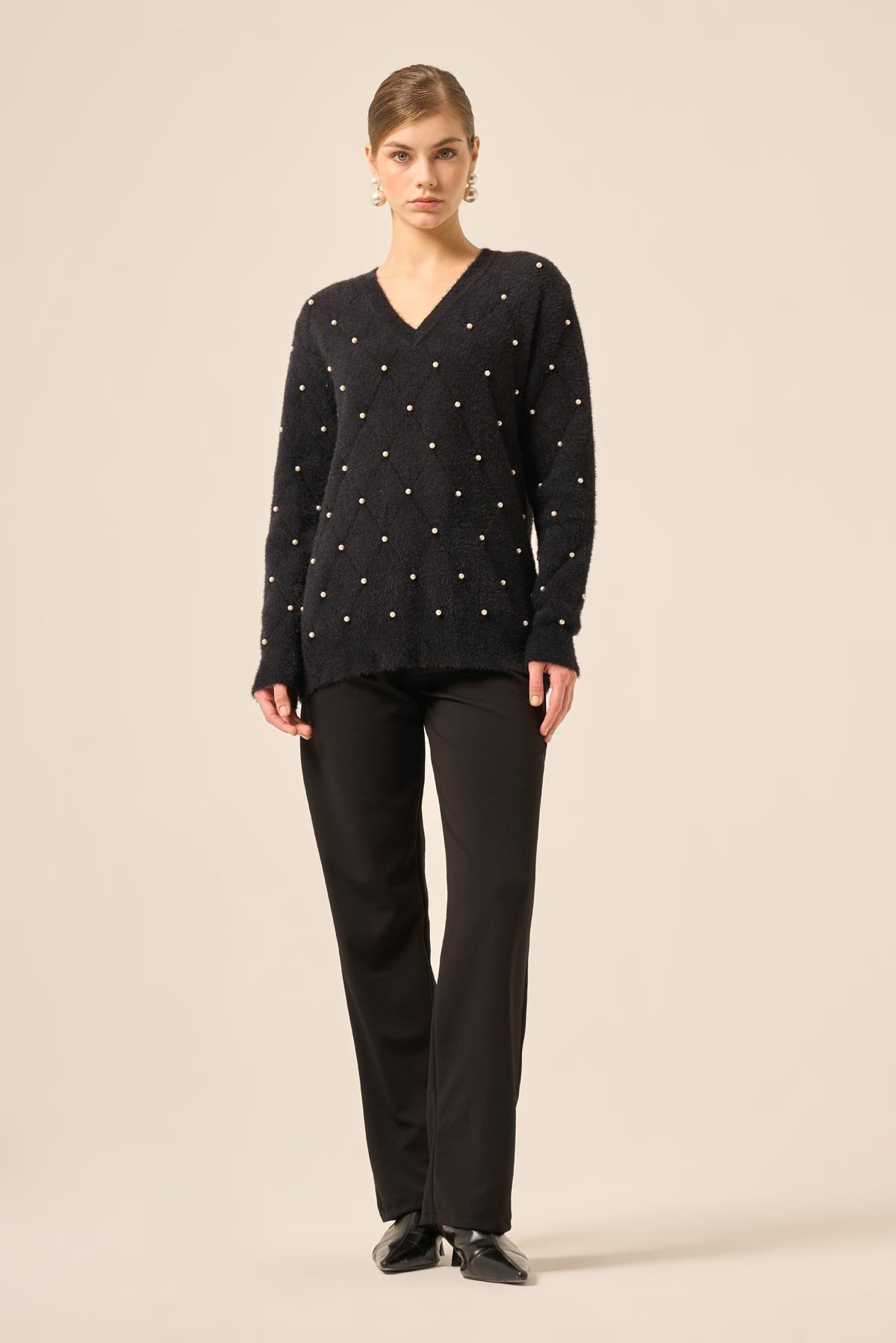 FTZ Women Kadın İnci Detaylı Kazak  Siyah 25057