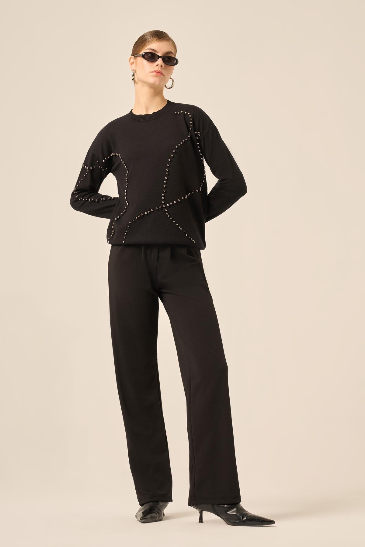 FTZ Women Kadın İnci Detaylı Kazak  Siyah 25103