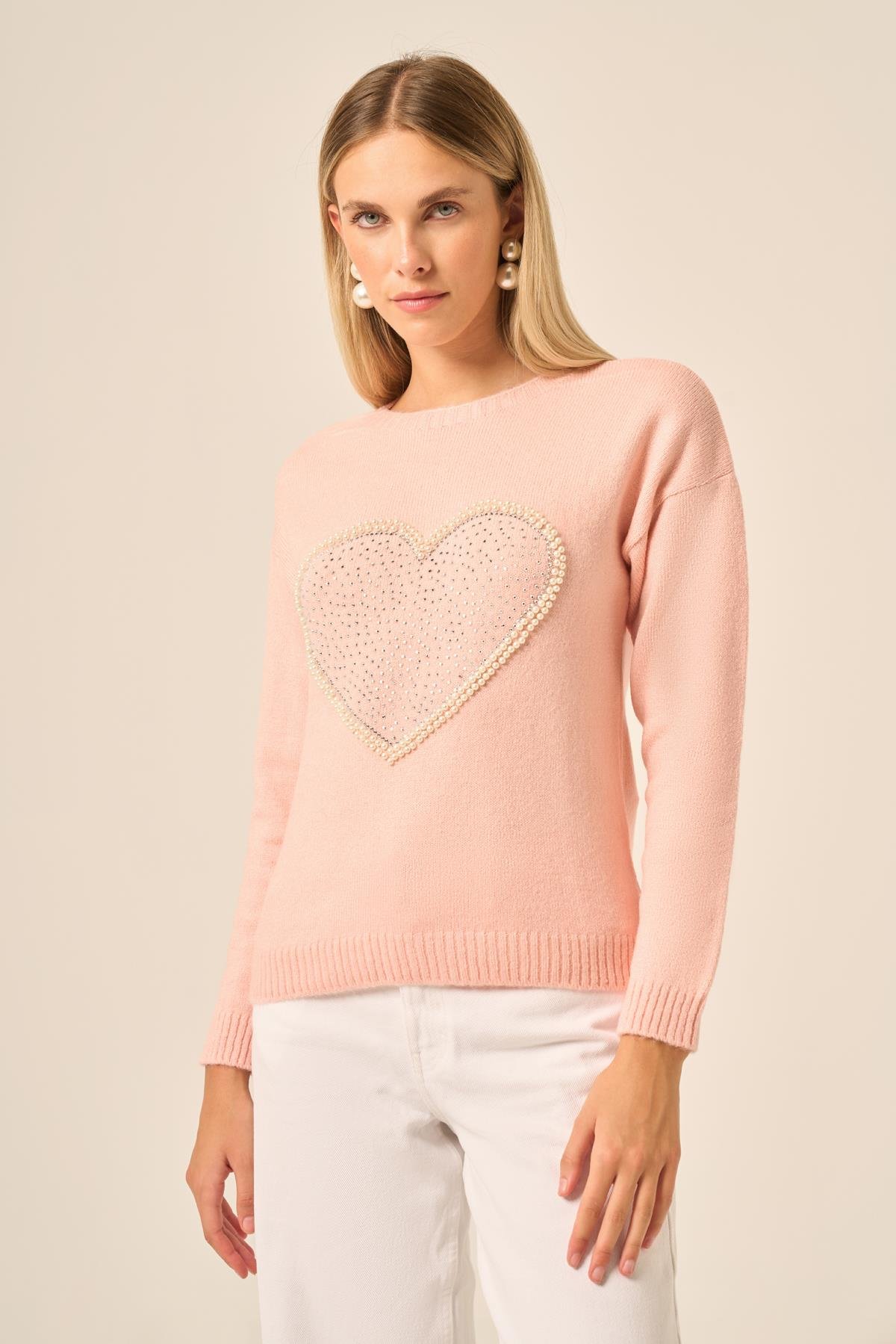 FTZ Women Kadın Kalp Detay Şardon Kazak  Pudra 25214