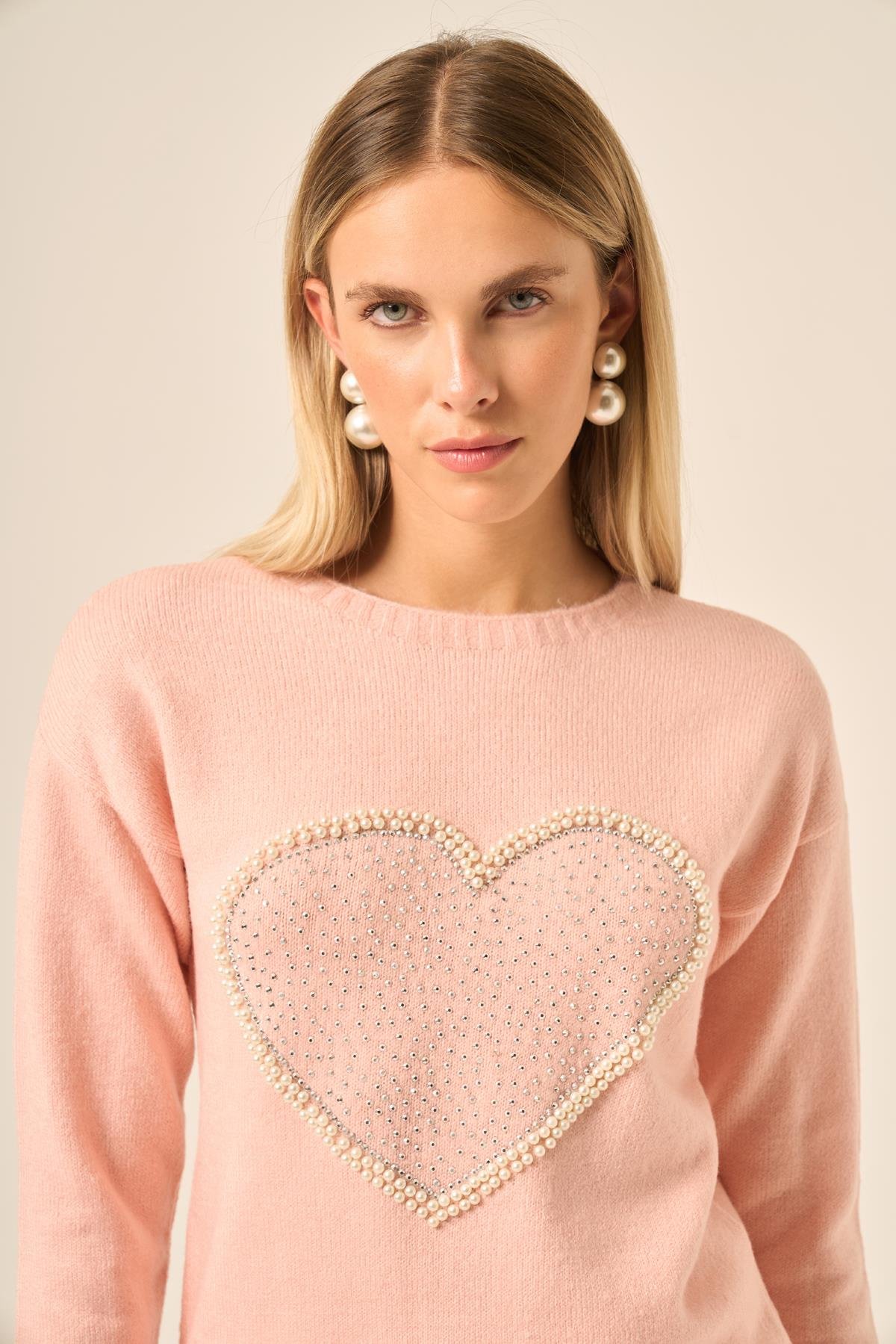 FTZ Women Kadın Kalp Detay Şardon Kazak  Pudra 25214