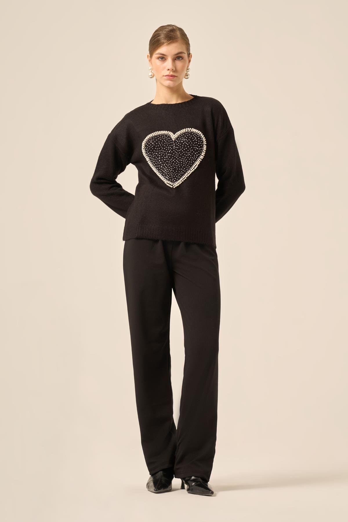 FTZ Women Kadın Kalp Detay Şardon Kazak  Siyah 25214