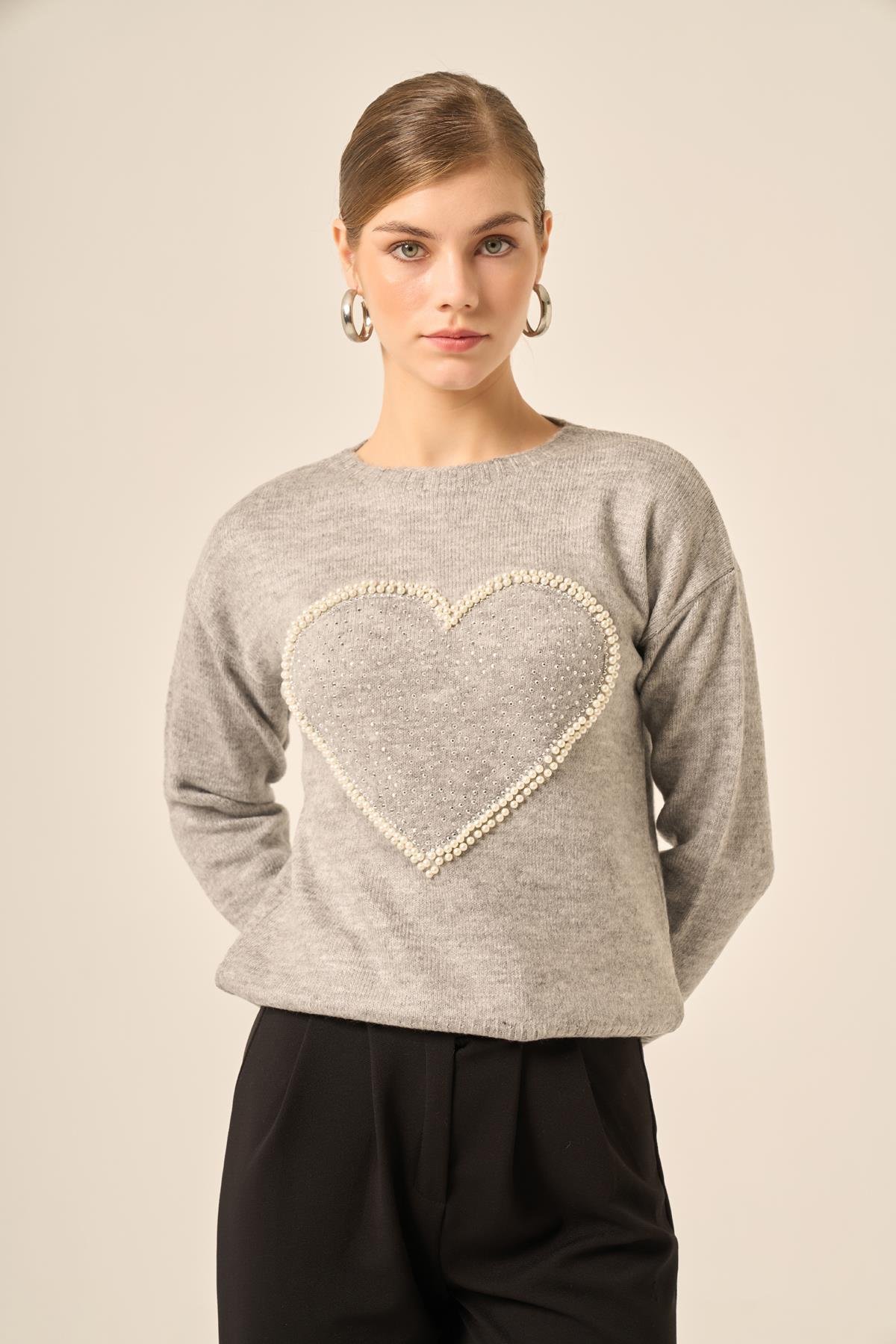 FTZ Women Kadın Kalp Detay Şardon Kazak  Gri 25214