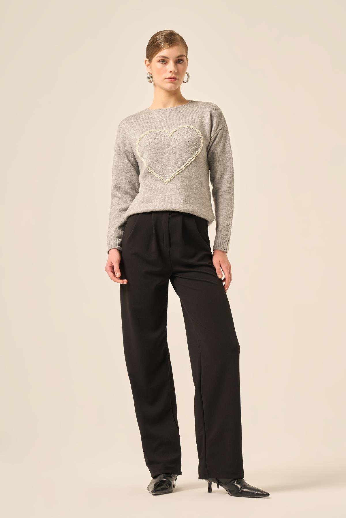 FTZ Women Kadın Kalp Detay Şardon Kazak  Gri 25214