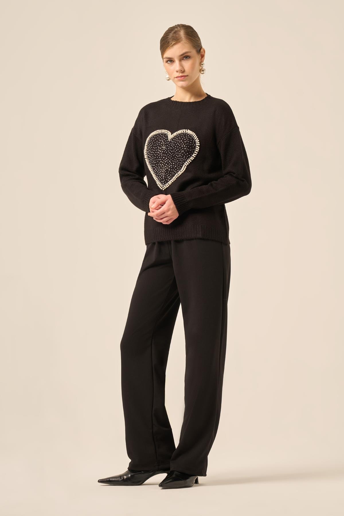 FTZ Women Kadın Kalp Detay Şardon Kazak  Siyah 25214