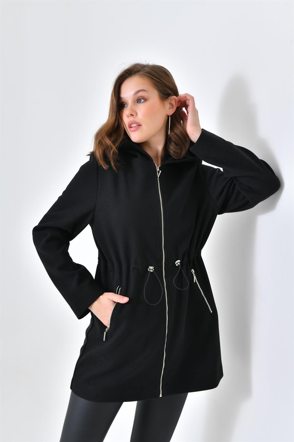 Ftz Women Kadın Kapişonlu Kaşe Kap Siyah 30636