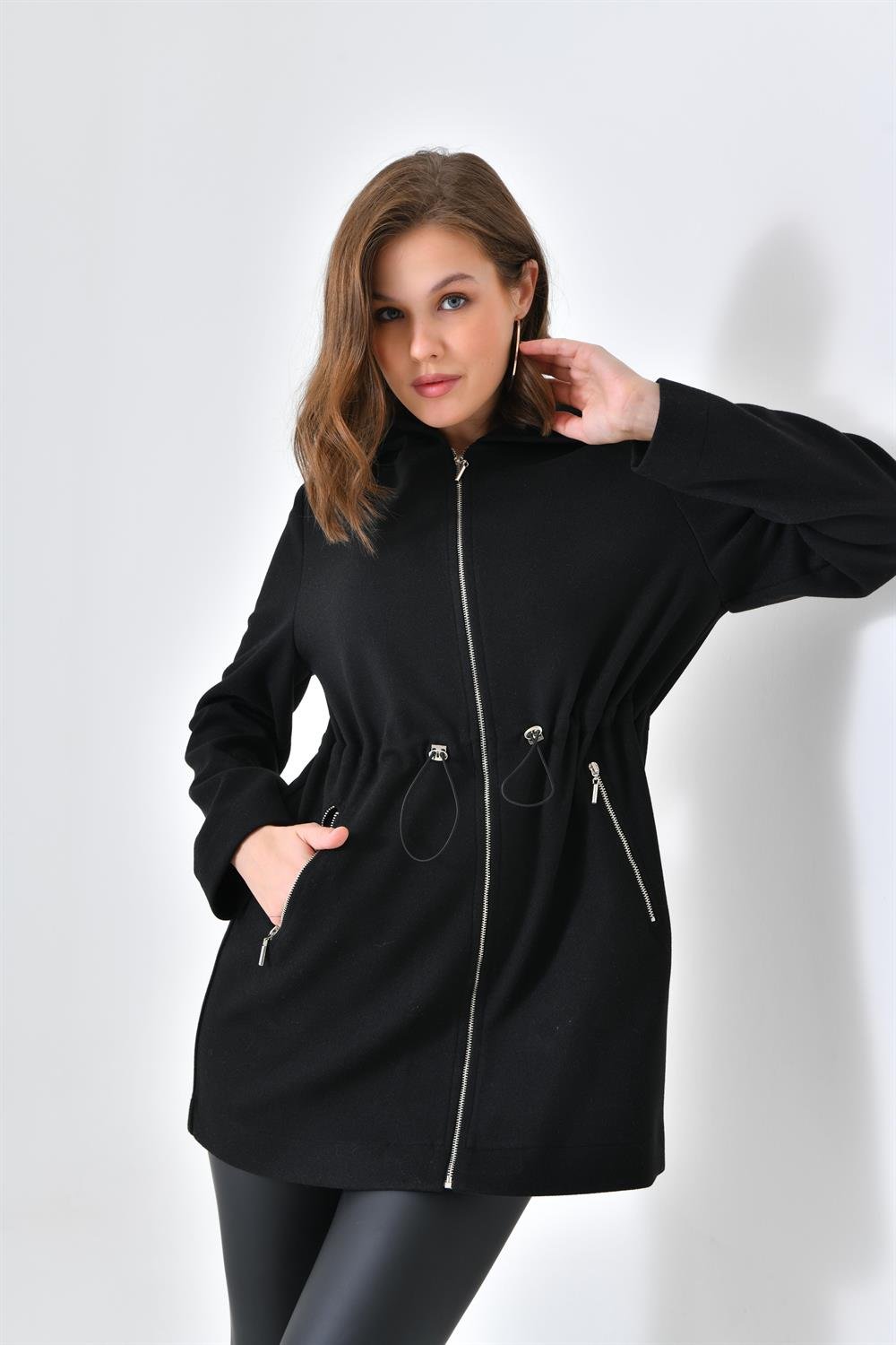 Ftz Women Kadın Kapişonlu Kaşe Kap Siyah 30636