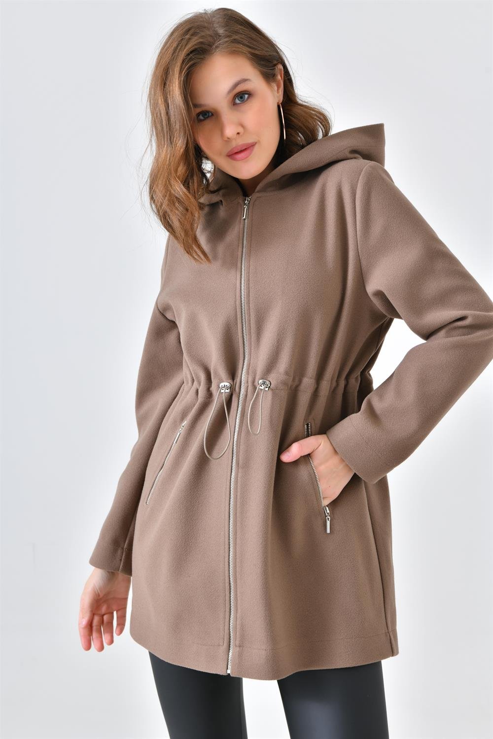 Ftz Women Kadın Kapişonlu Kaşe Kap Vizon 30636