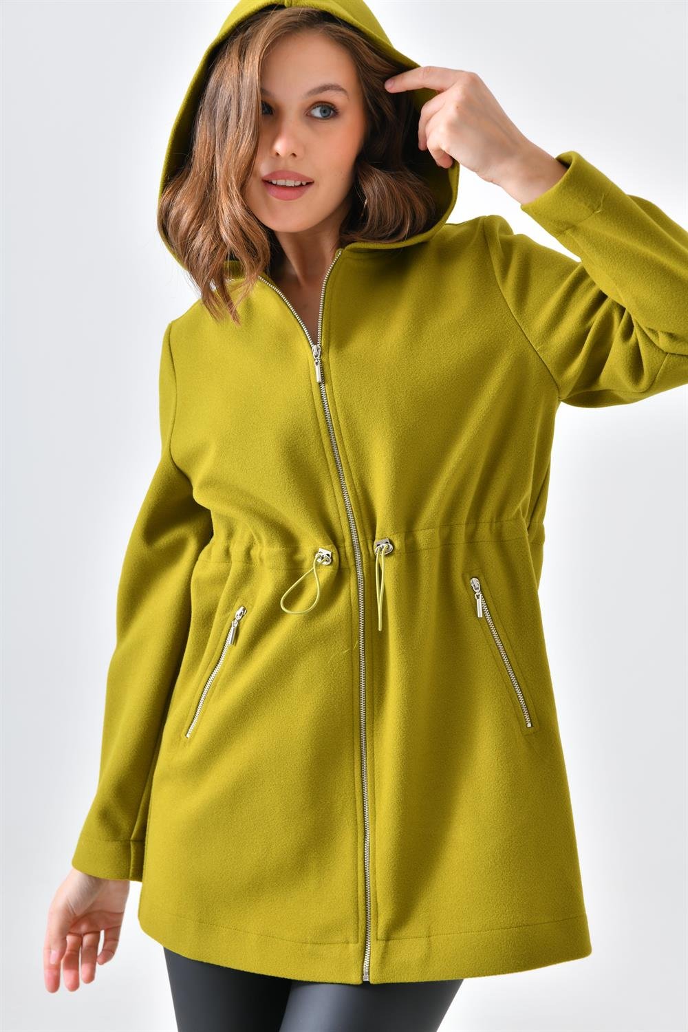 Ftz Women Kadın Kapişonlu Kaşe Kap Yağ Yeşili 30636