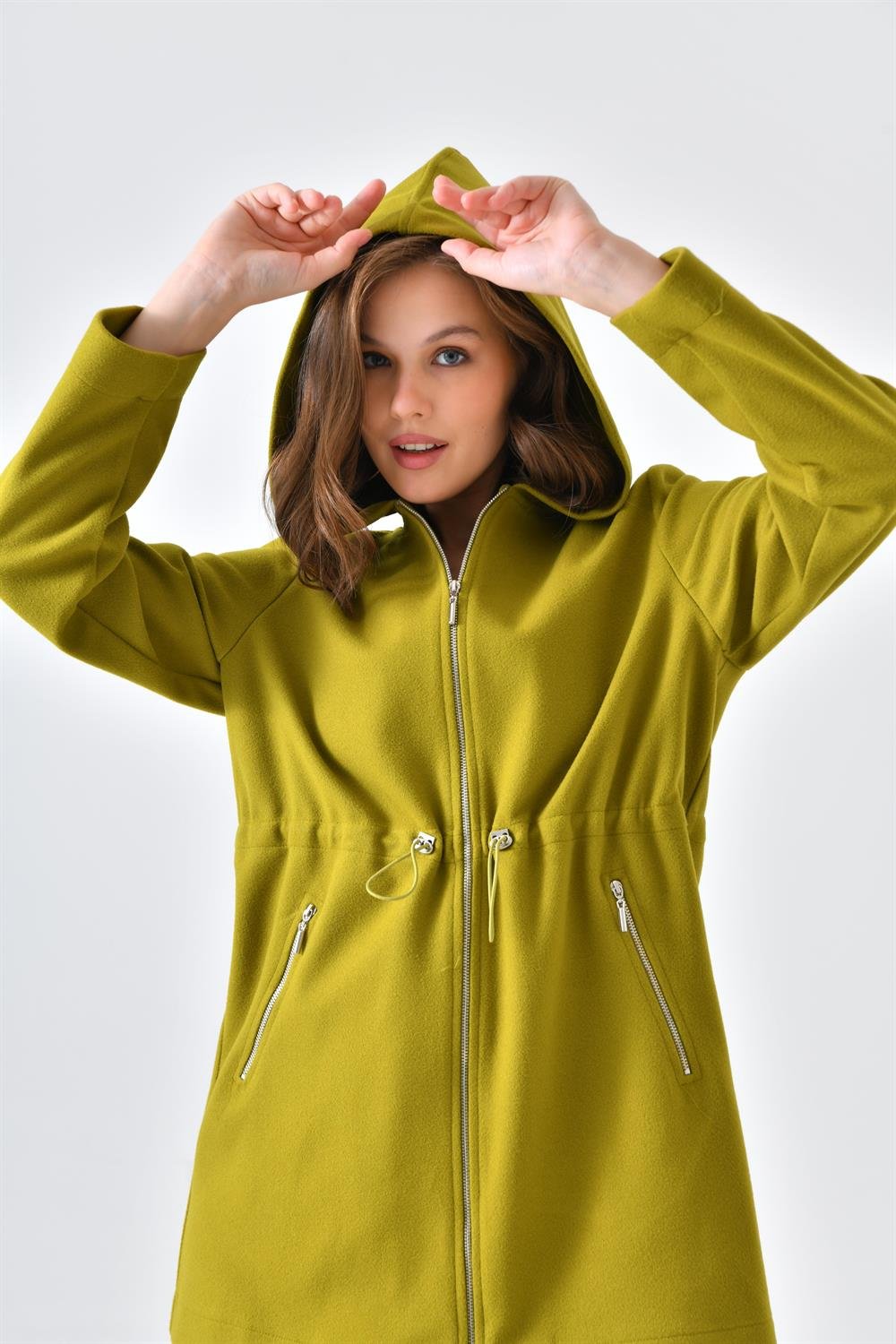 Ftz Women Kadın Kapişonlu Kaşe Kap Yağ Yeşili 30636