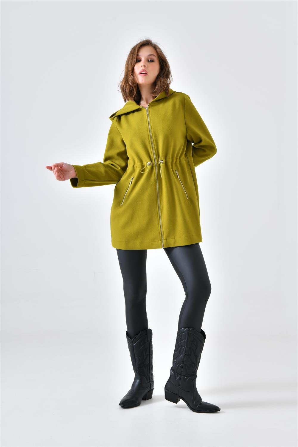 Ftz Women Kadın Kapişonlu Kaşe Kap Yağ Yeşili 30636