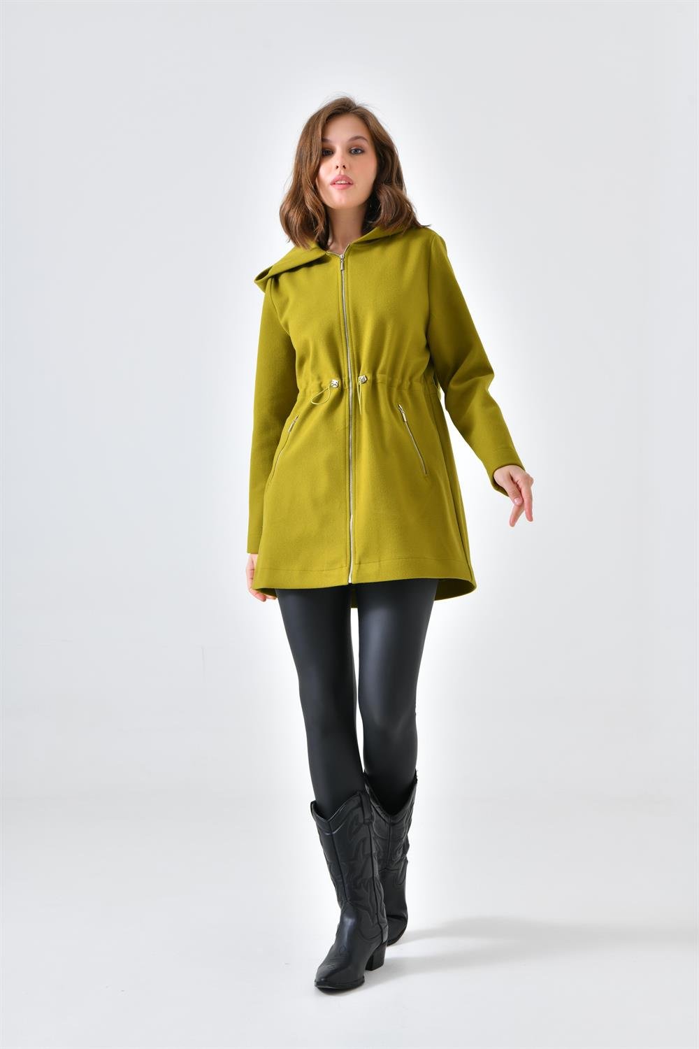 Ftz Women Kadın Kapişonlu Kaşe Kap Yağ Yeşili 30636