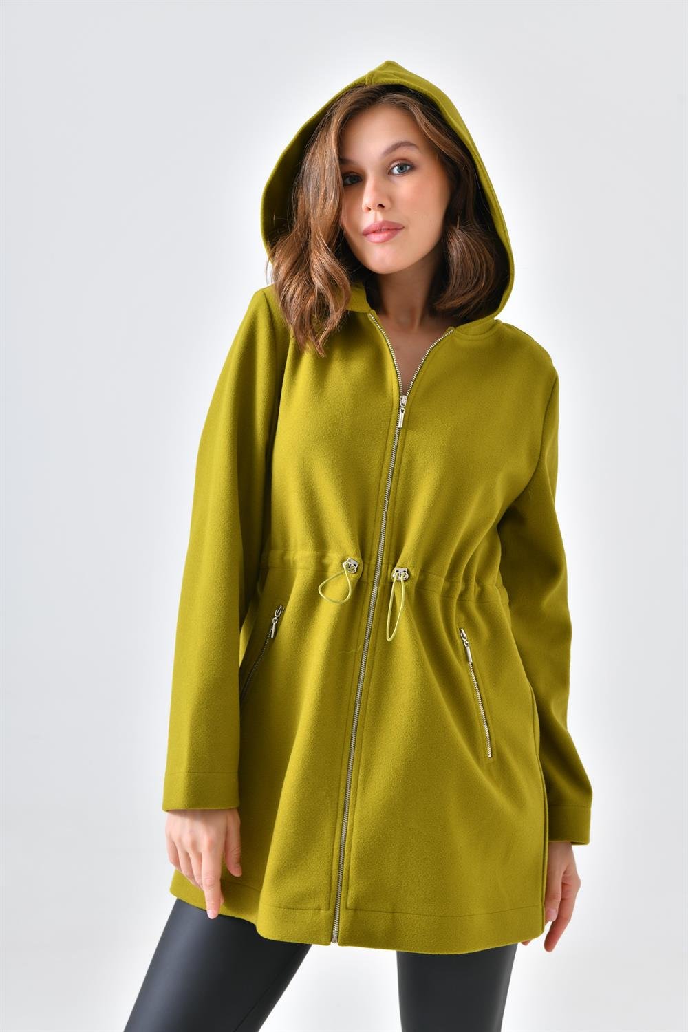 Ftz Women Kadın Kapişonlu Kaşe Kap Yağ Yeşili 30636