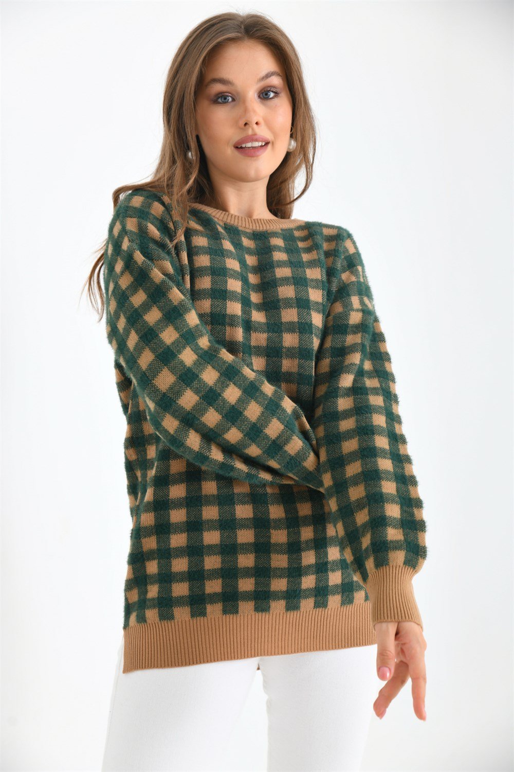 FTZ Women Kadın Kare Desen Bluz BİSKÜVİ