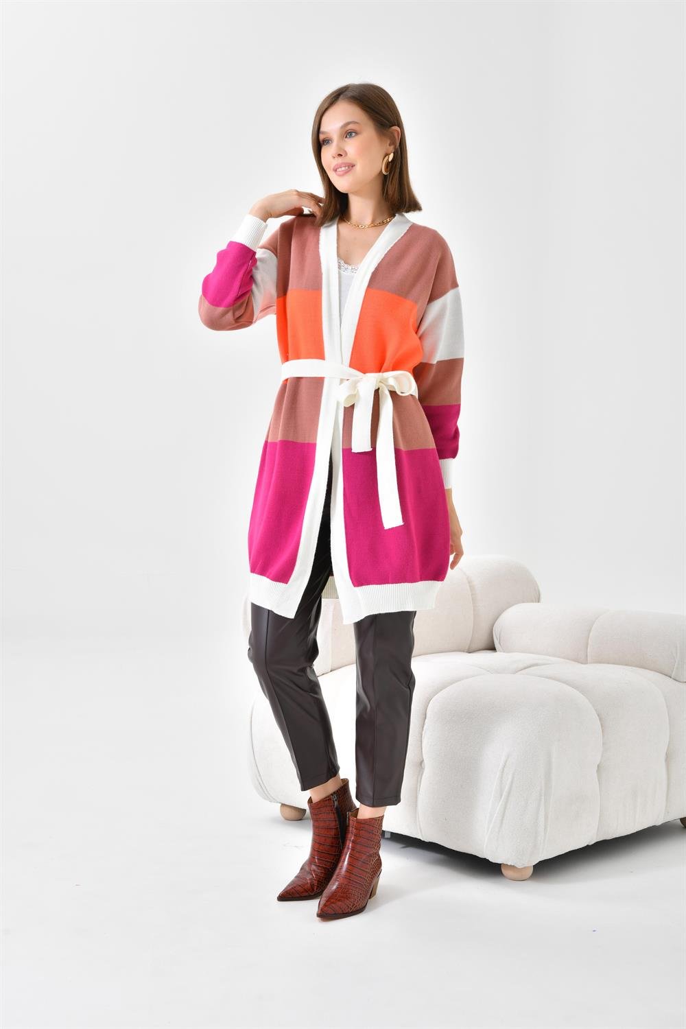 Ftz Women Kadın Kare Detay Uzun Hırka Ekru