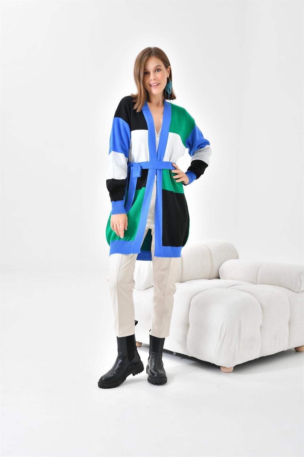 Ftz Women Kadın Kare Detay Uzun Hırka Mavi