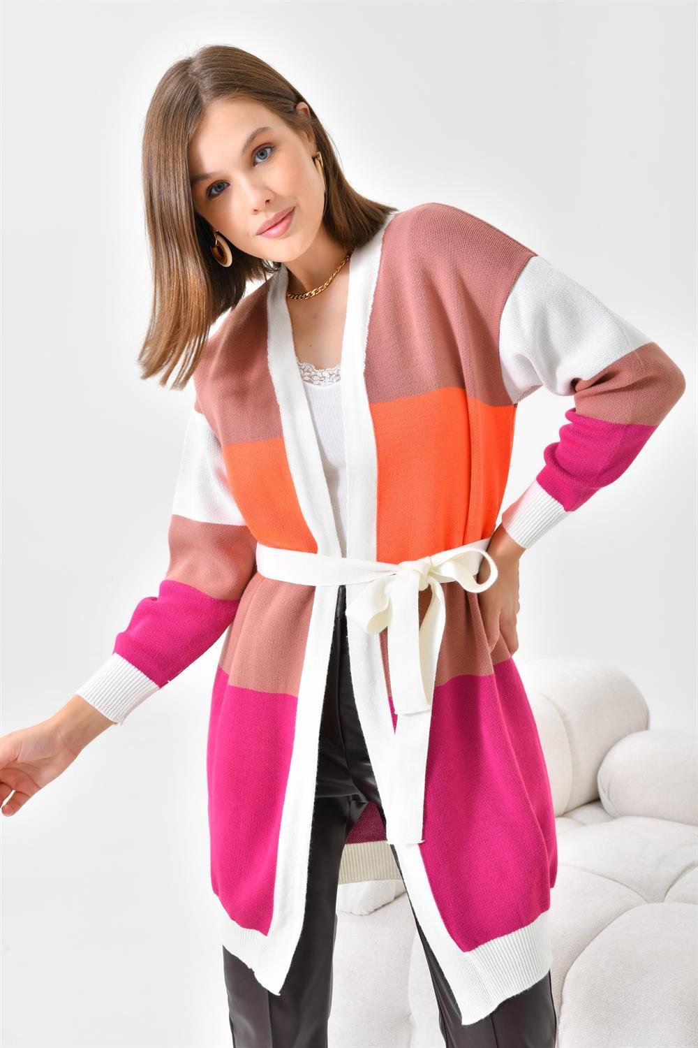 Ftz Women Kadın Kare Detay Uzun Hırka Ekru