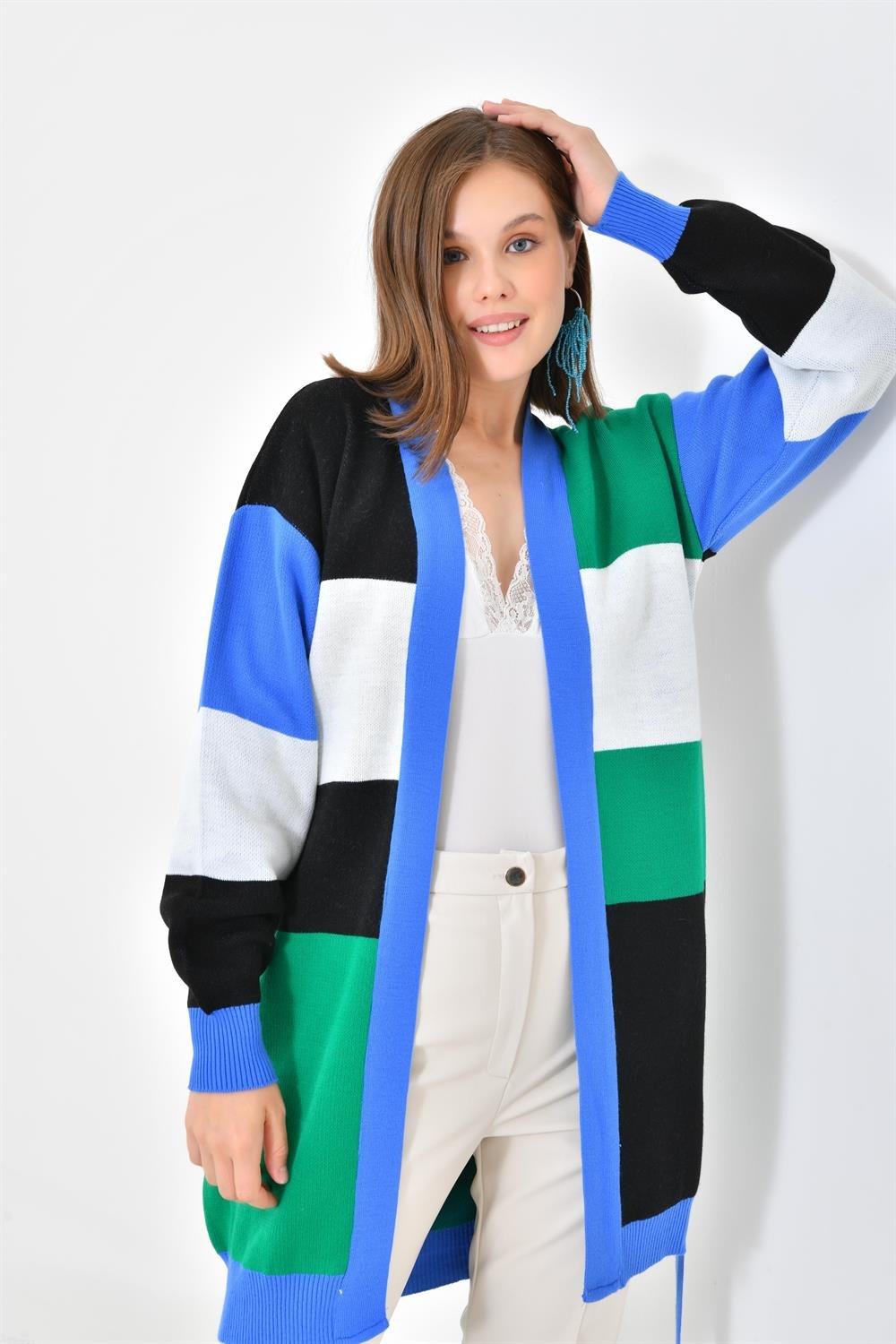 Ftz Women Kadın Kare Detay Uzun Hırka Mavi