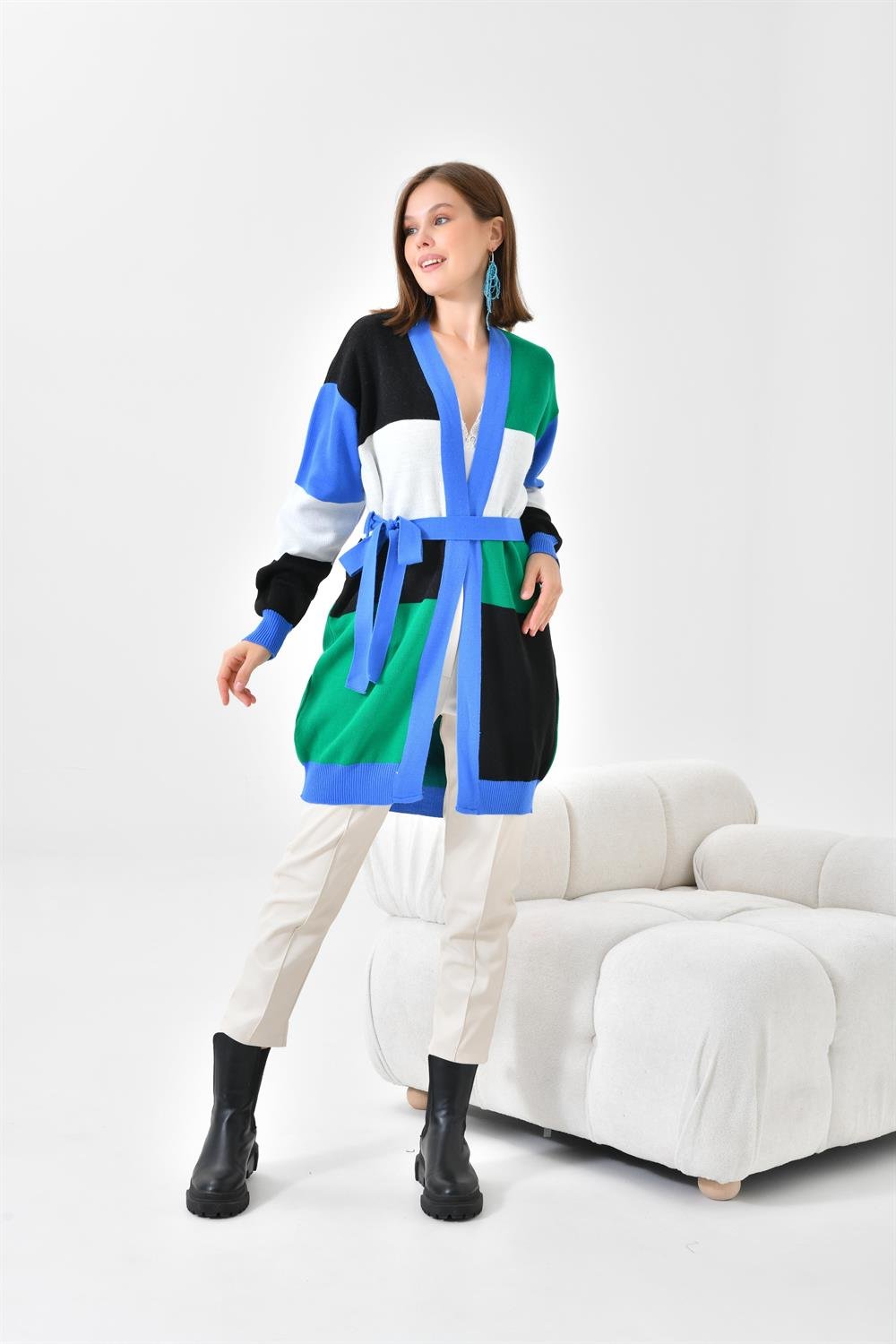 Ftz Women Kadın Kare Detay Uzun Hırka Mavi