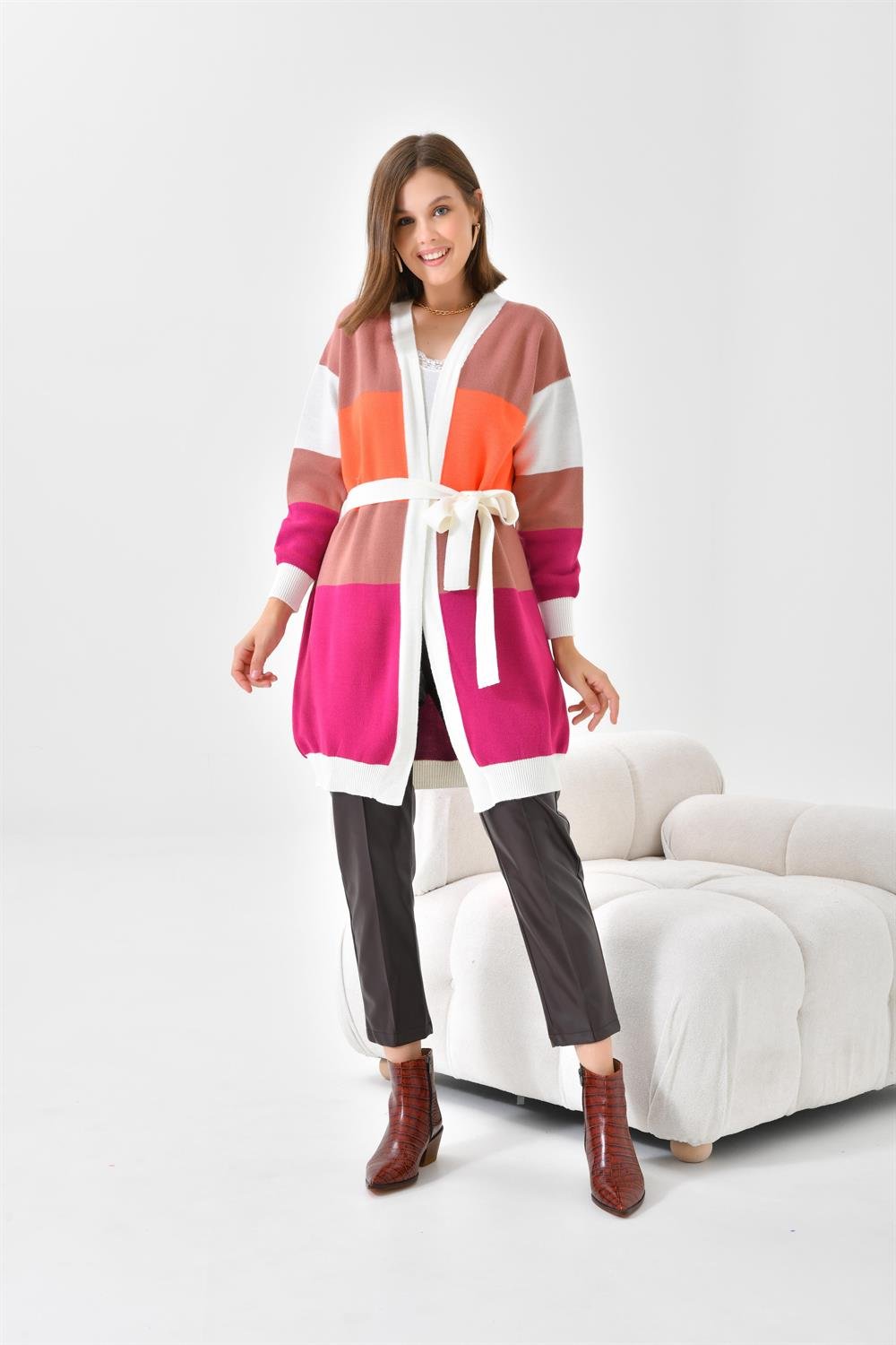 Ftz Women Kadın Kare Detay Uzun Hırka Ekru