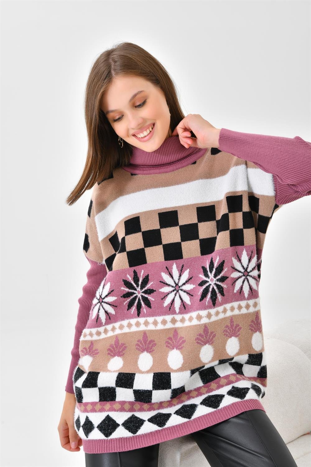 Ftz Women Kadın Karışık Desen Triko Kazak Gül