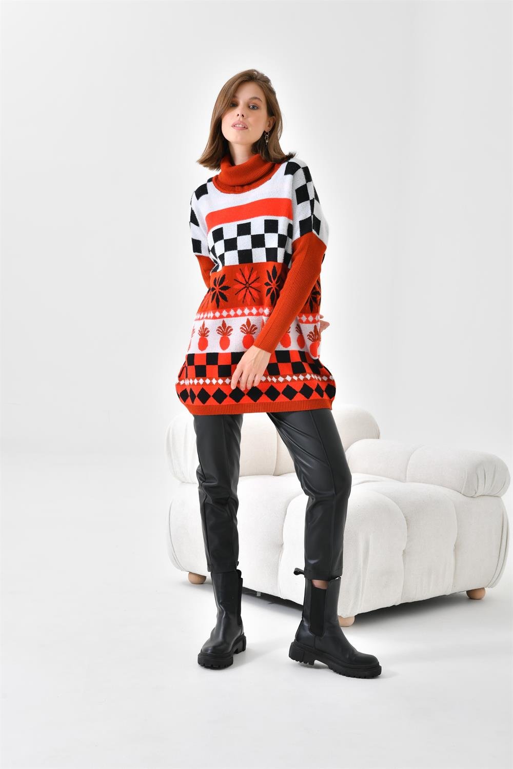 Ftz Women Kadın Karışık Desen Triko Kazak Kiremit