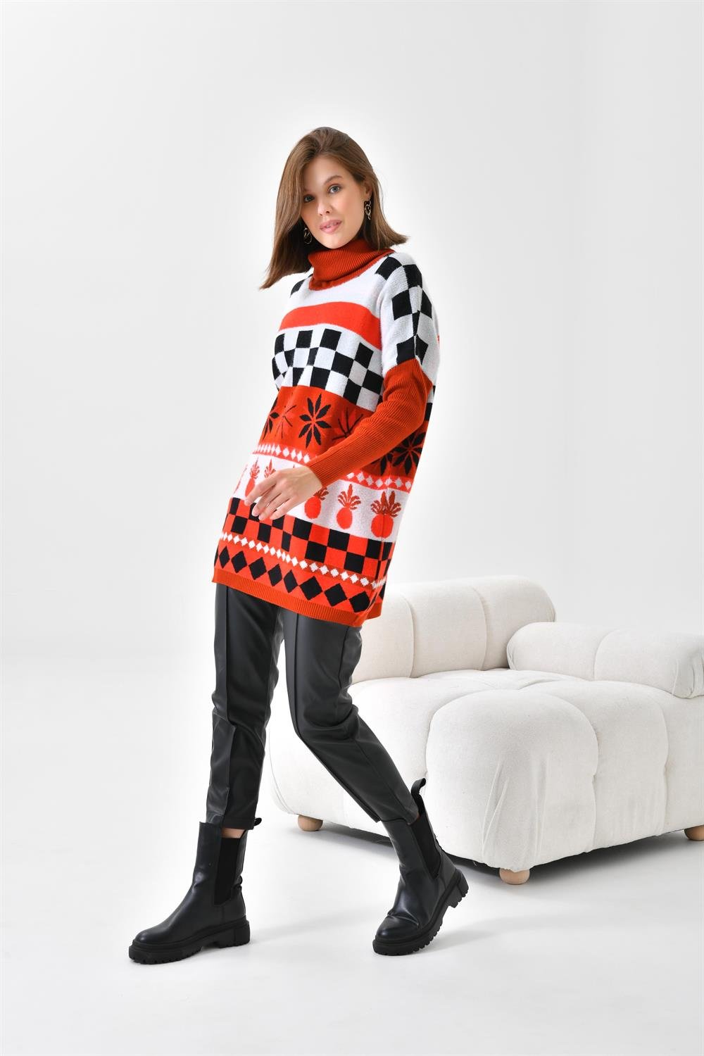 Ftz Women Kadın Karışık Desen Triko Kazak Kiremit