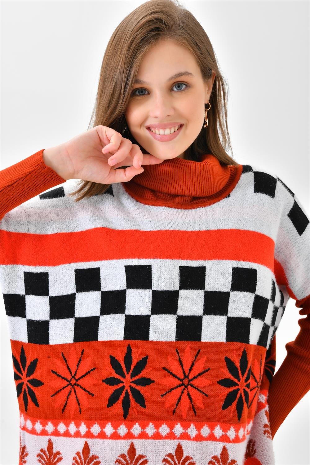 Ftz Women Kadın Karışık Desen Triko Kazak Kiremit