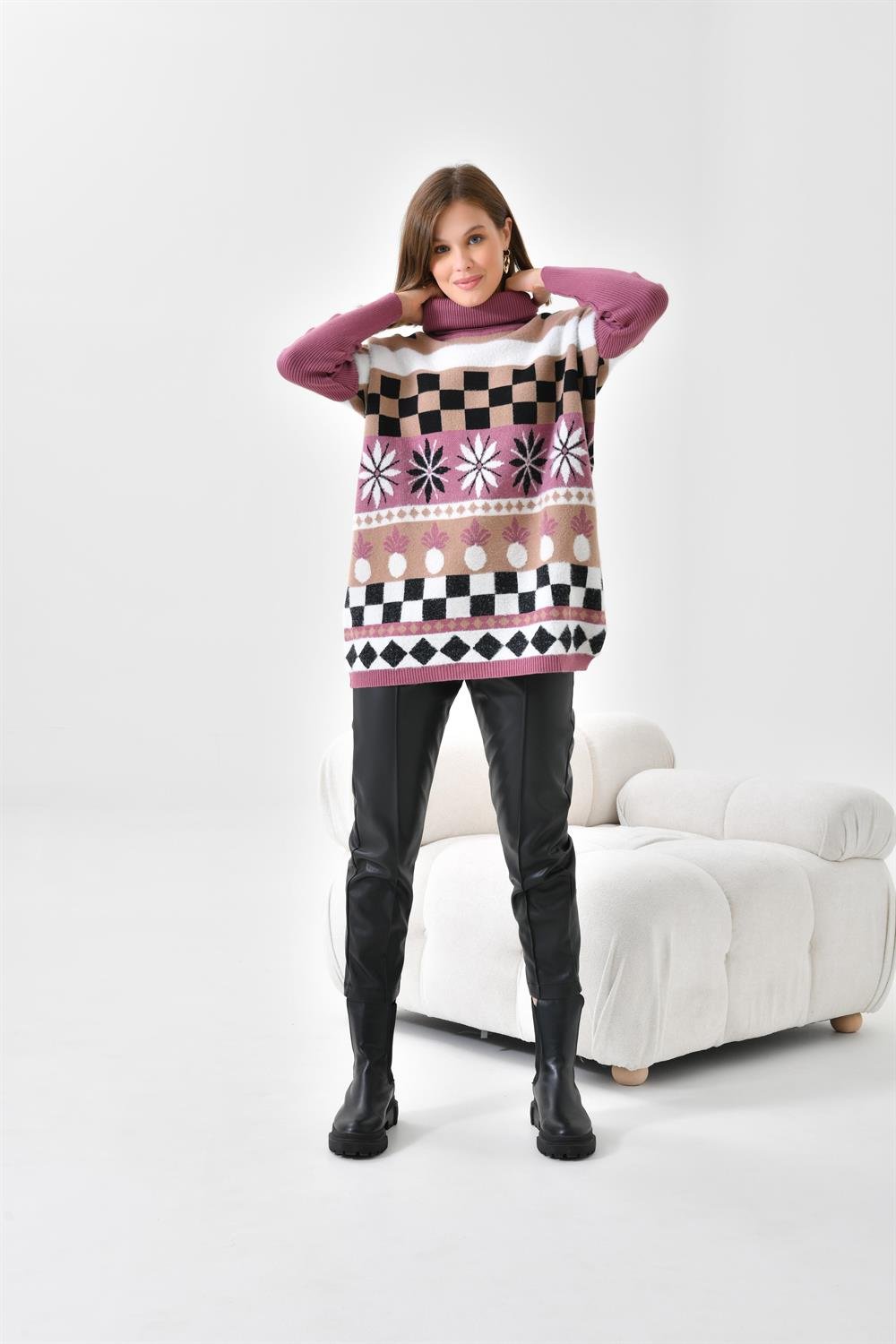 Ftz Women Kadın Karışık Desen Triko Kazak Gül