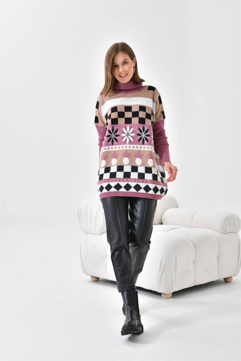 Ftz Women Kadın Karışık Desen Triko Kazak Gül