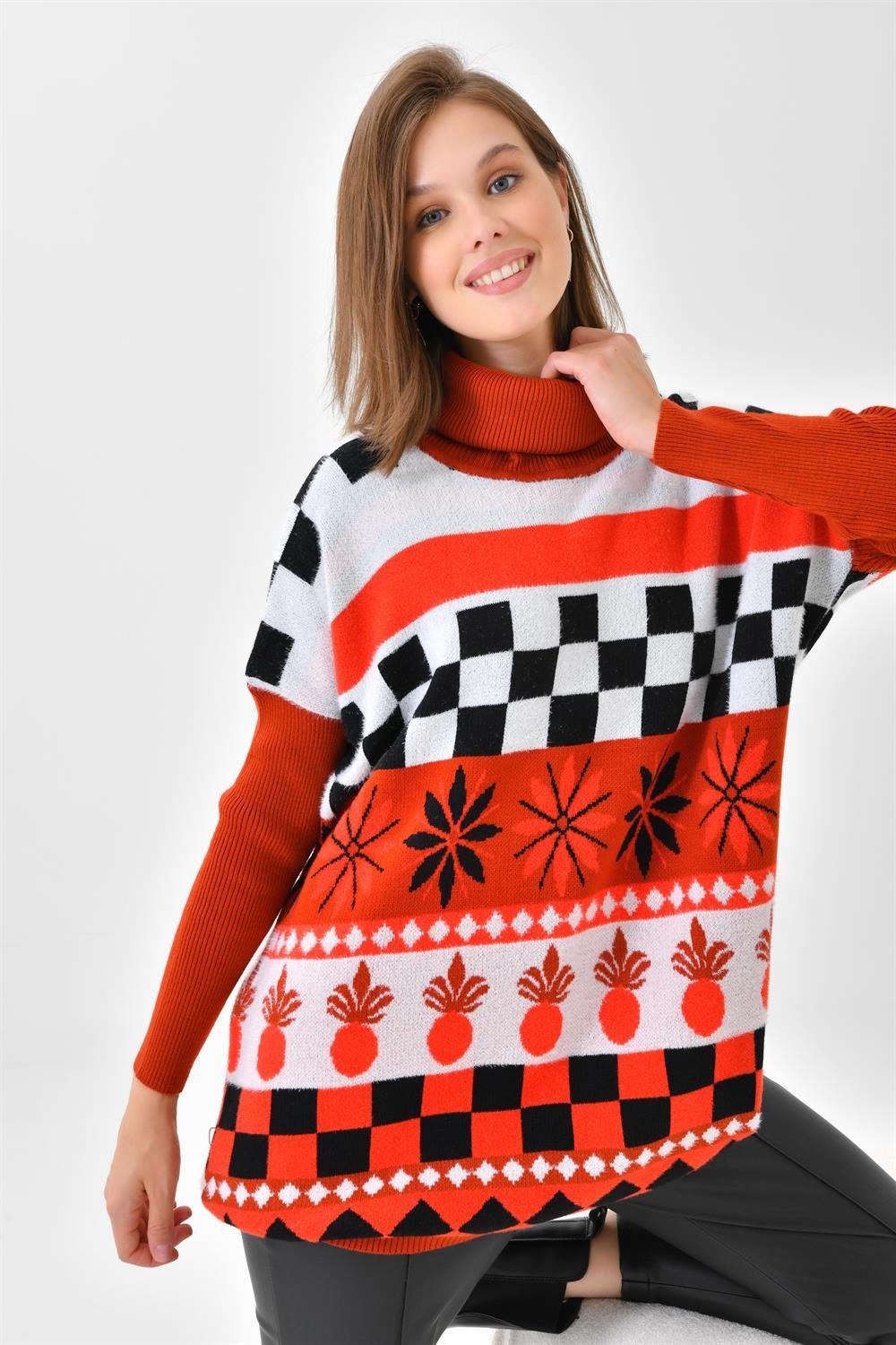 Ftz Women Kadın Karışık Desen Triko Kazak Kiremit