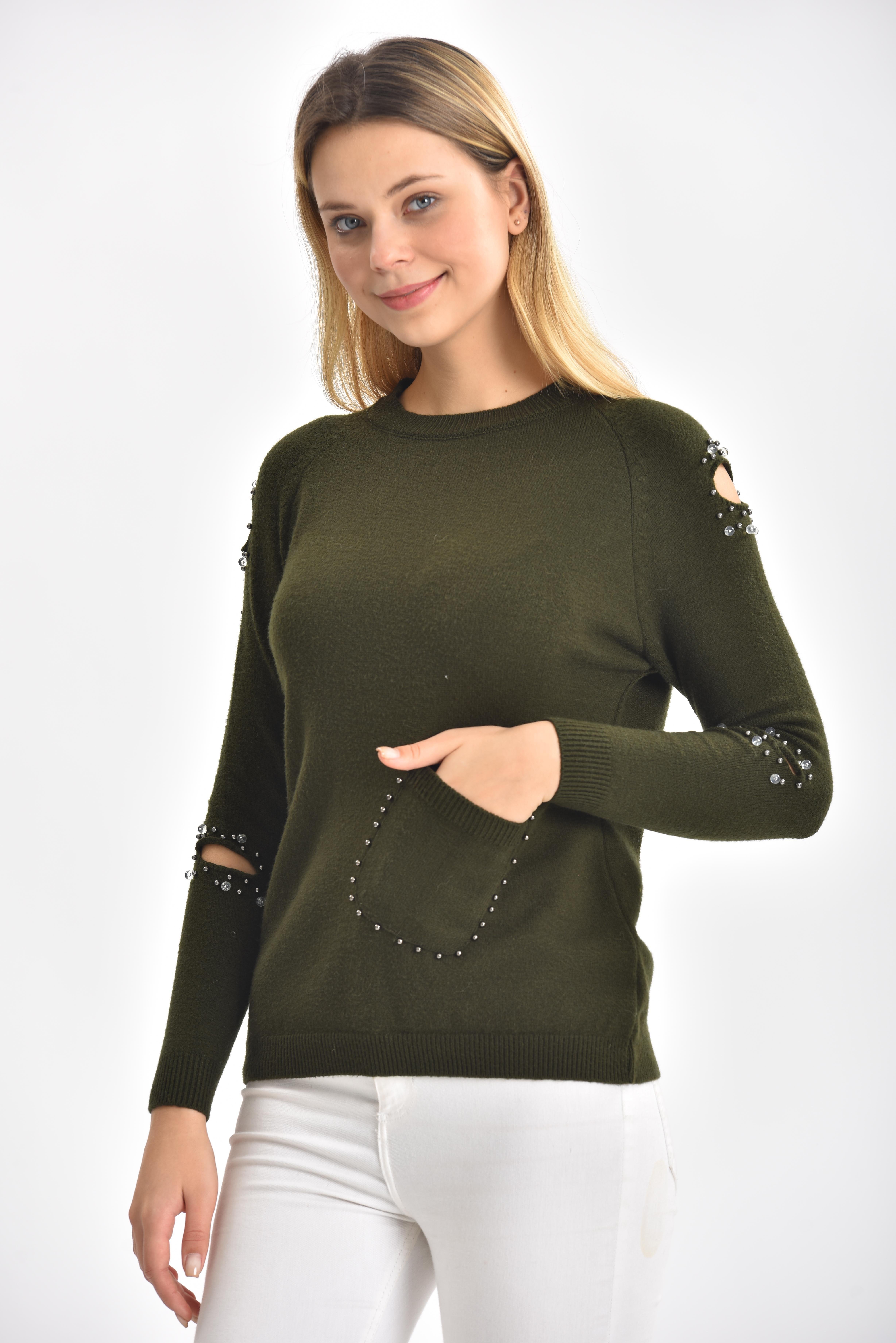 FTZ Women Kadın Kol Detay İnci İşlemeli Kazak  Haki 21-1008