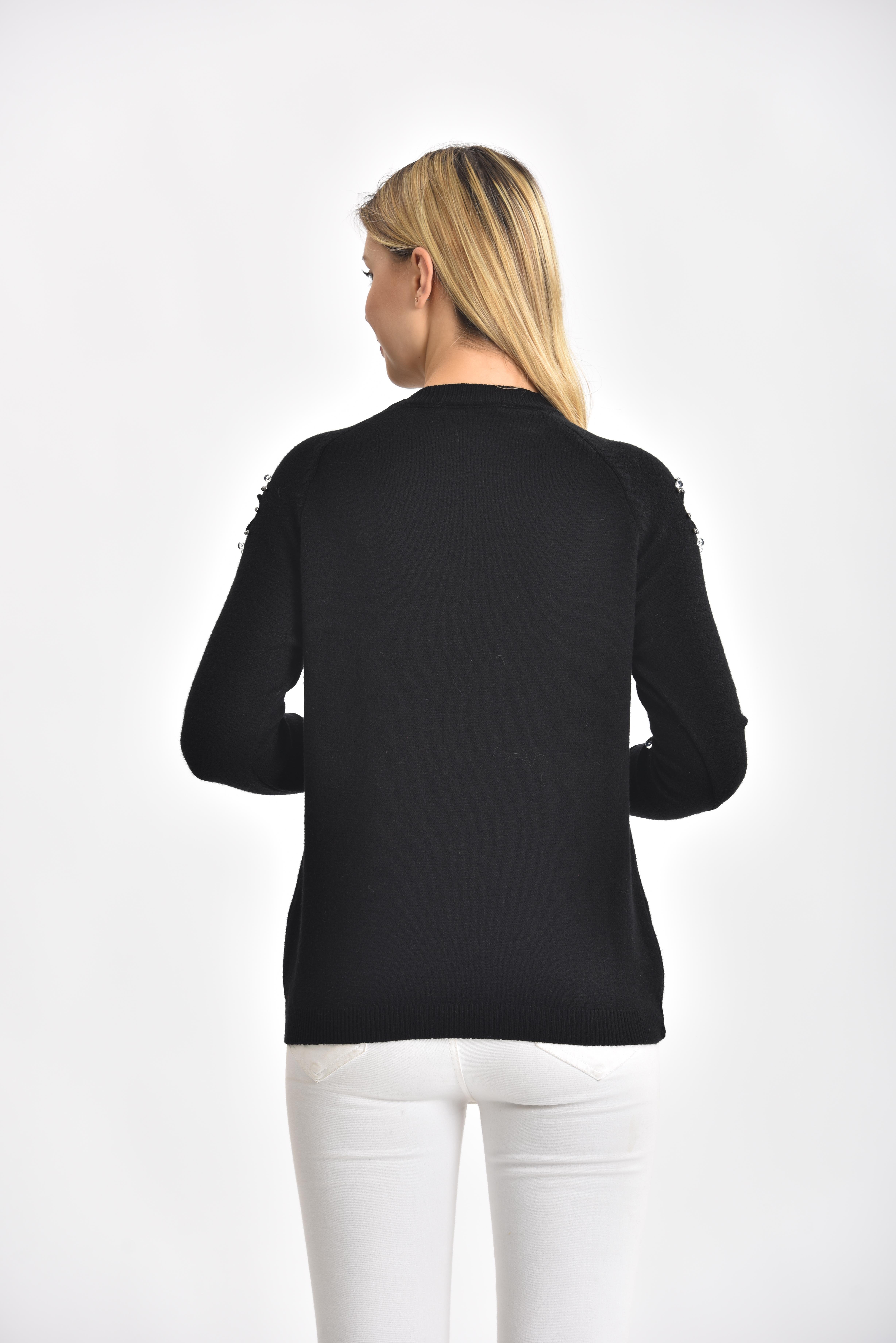 FTZ Women Kadın Kol Detay İnci İşlemeli Kazak  Siyah 21-1008